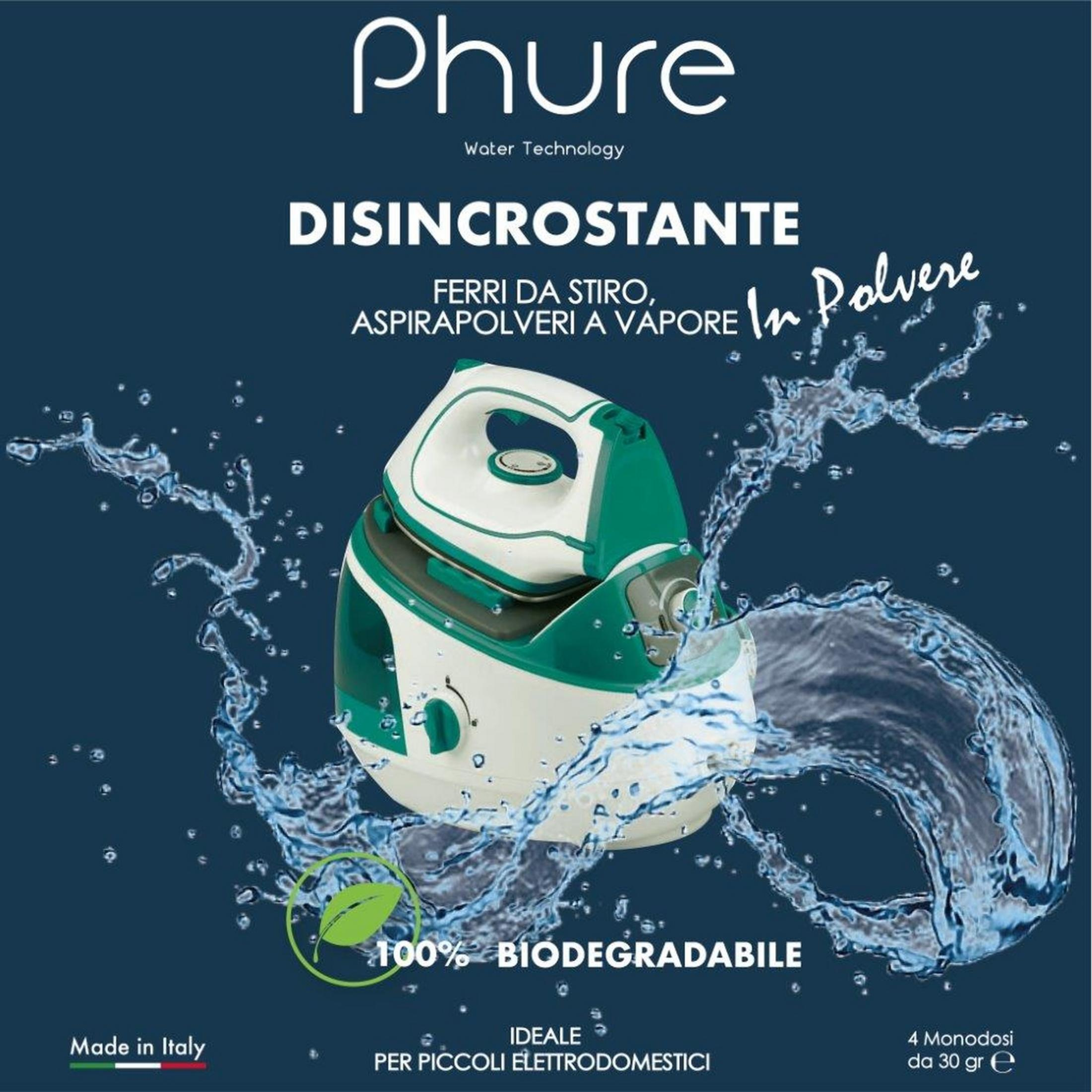 Un anticalcare bianco e verde con schizzi d'acqua su sfondo blu scuro.