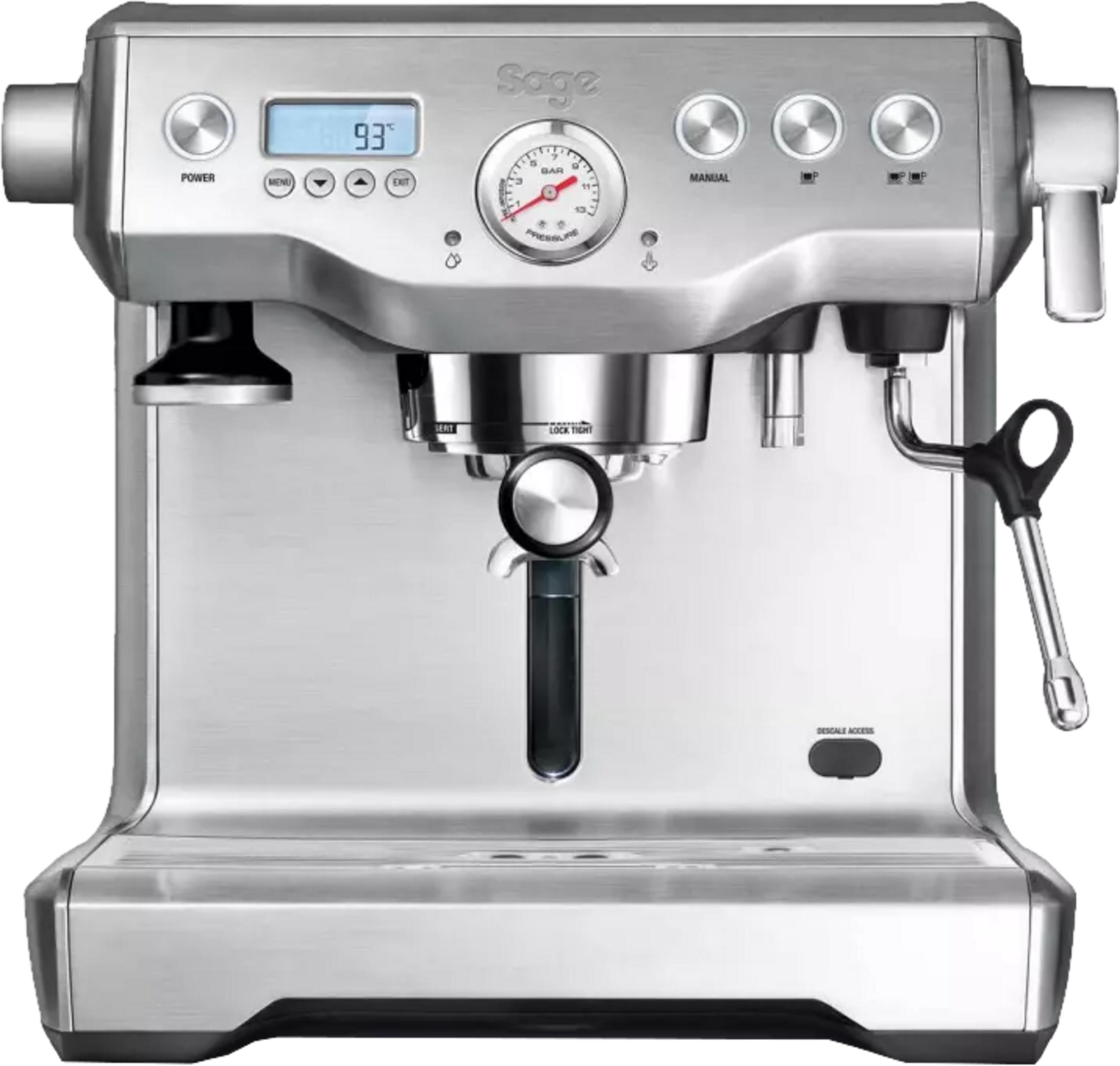 Silberne Espressomaschine mit Bedienfeld, Manometer und Dampflanze.