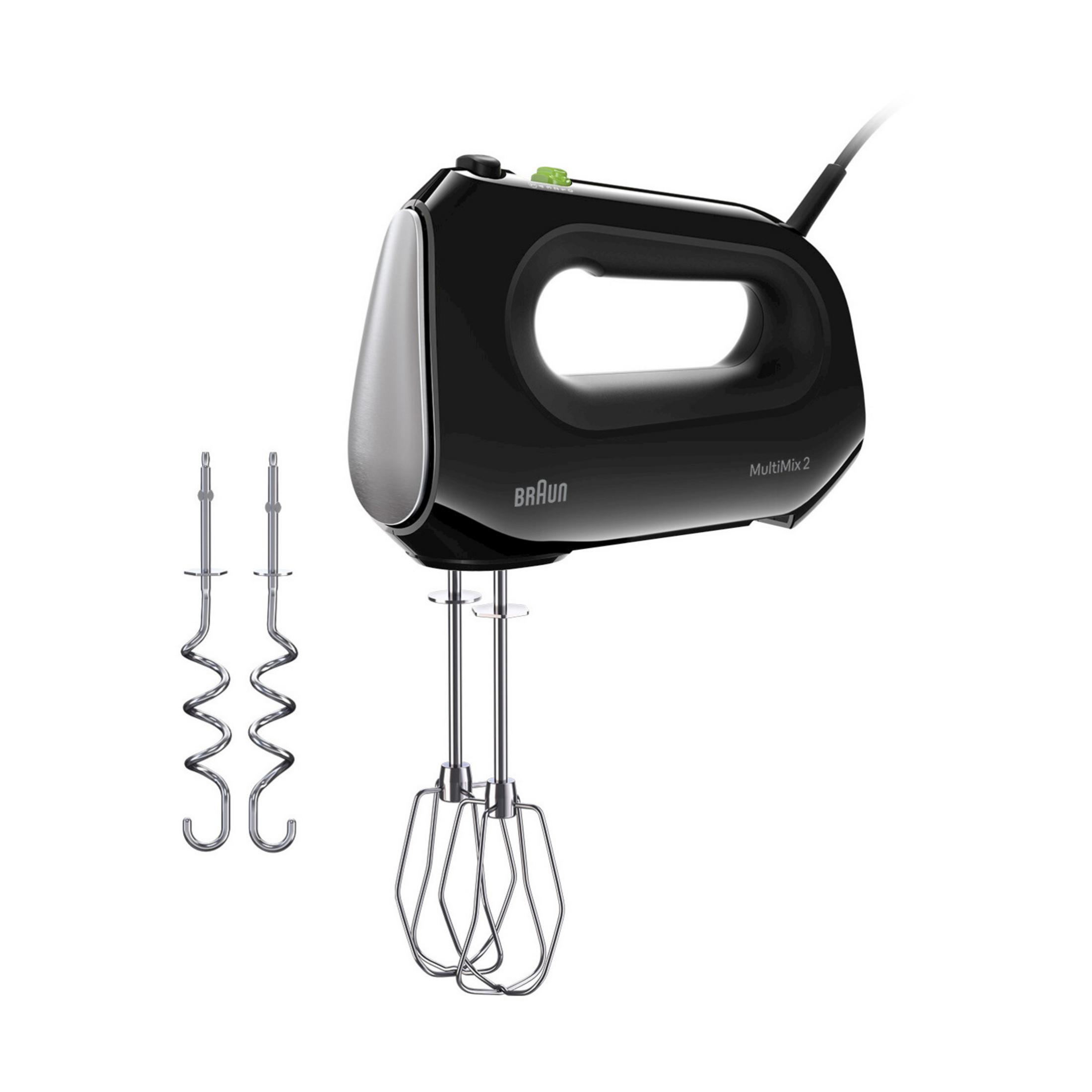 Schwarzer Handmixer mit silbernen Akzenten und zwei Schneebesen.