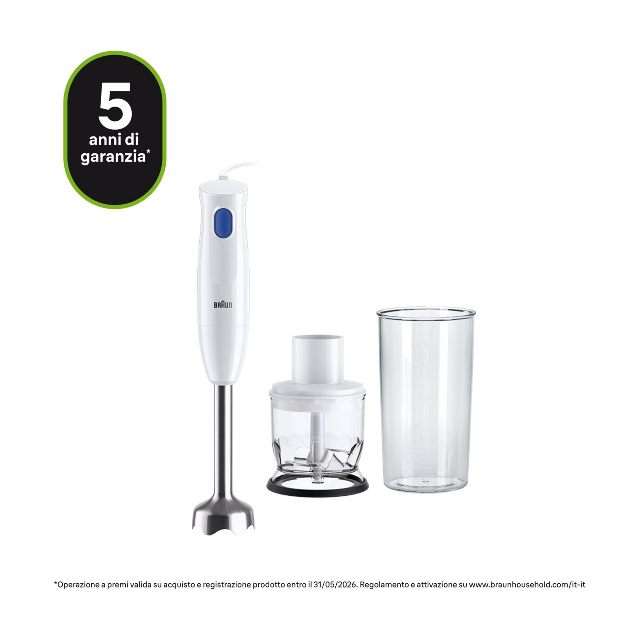 Biały blender ręczny z akcesoriami: rozdrabniacz i kubek.