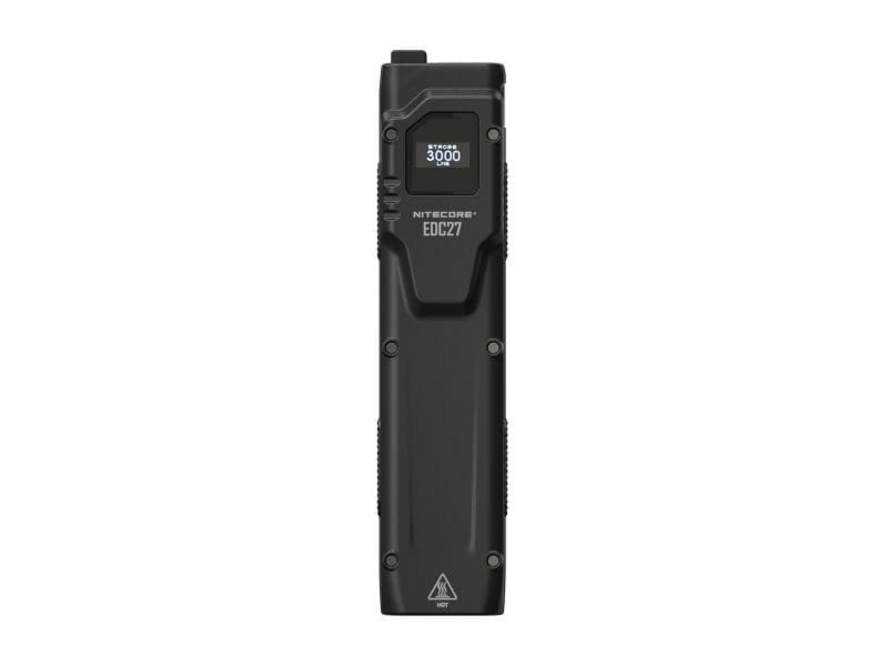 Schwarze Taschenlampe mit Display, Nitecore EDC27, 3000 Lumen.