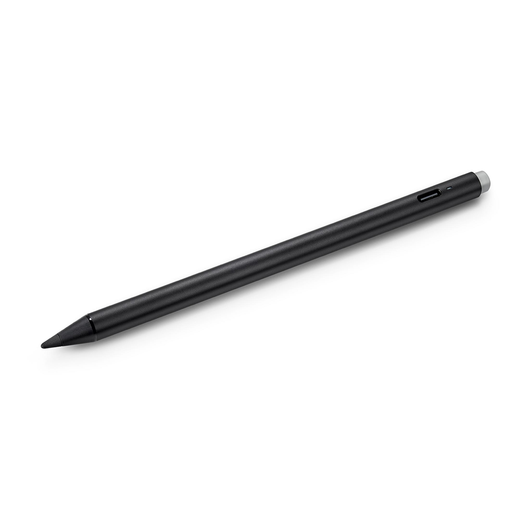 Ein schlanker, schwarzer Eingabestift mit einem silbernen Ende liegt auf weißem Hintergrund.