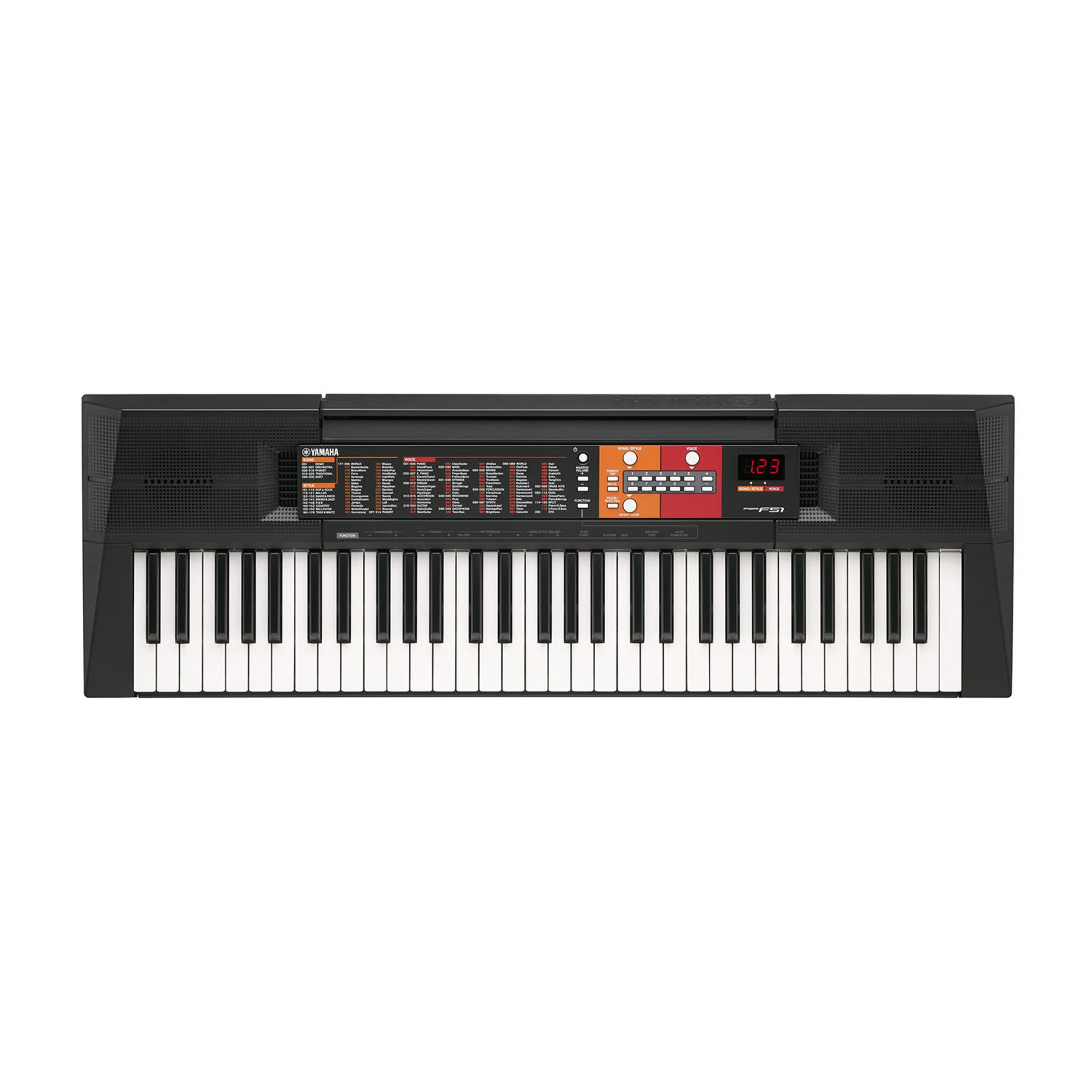 Czarna Yamaha keyboard z białymi i czarnymi klawiszami oraz cyfrowym wyświetlaczem.