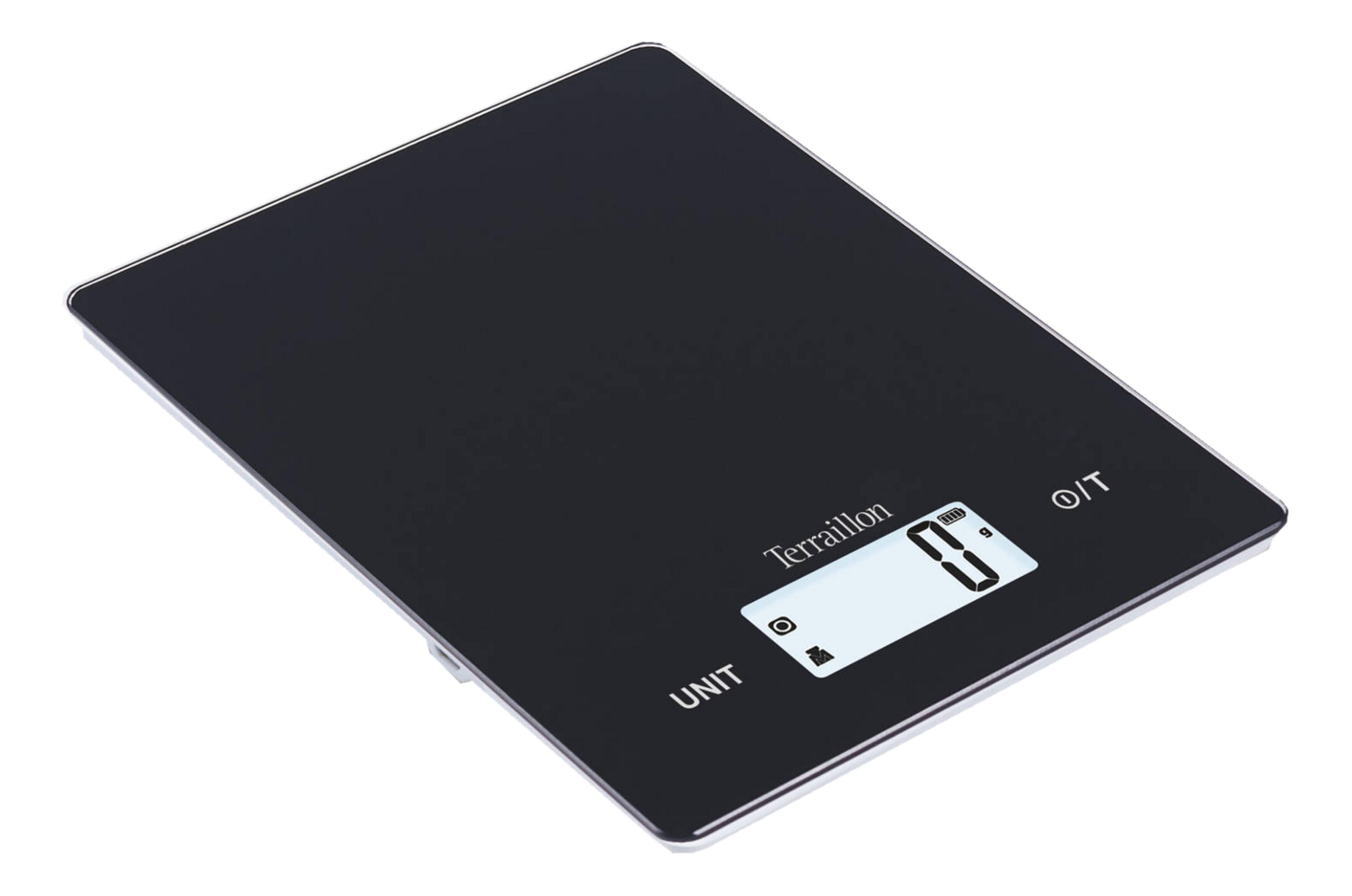 Balance de cuisine numérique noire avec écran LCD affichant zéro.