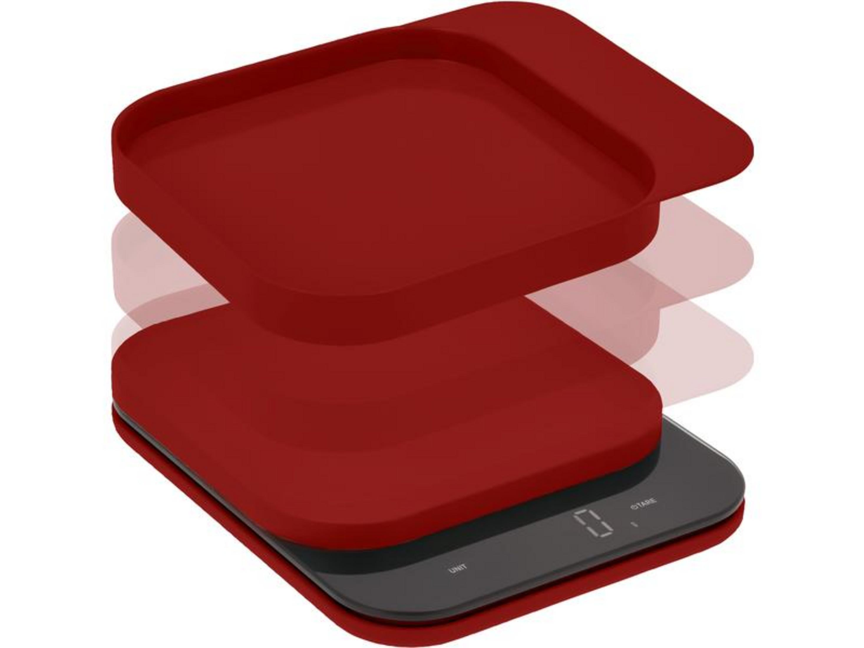 Eine rote Küchenwaage mit digitaler Anzeige und abnehmbarer Schale.
