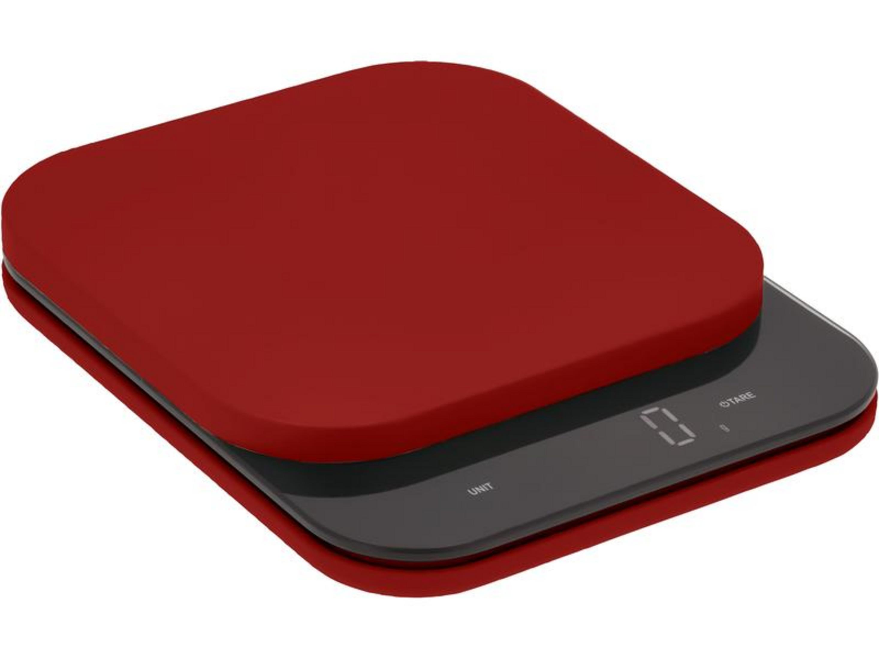 Eine rote Digitalwaage mit schwarzem Display, auf dem 0 angezeigt wird.
