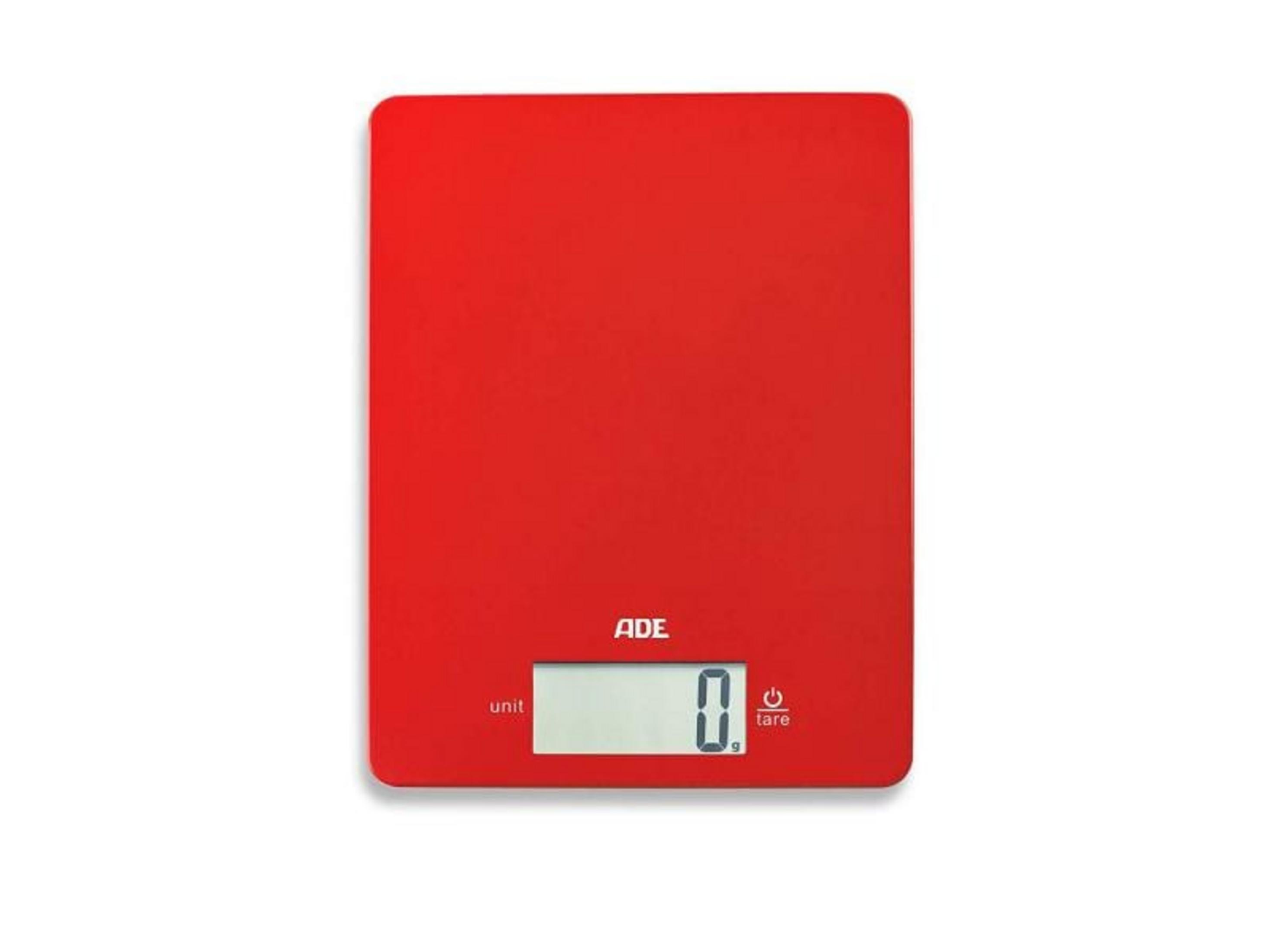 Eine rote digitale Küchenwaage mit einem LCD-Display, das 0 anzeigt.