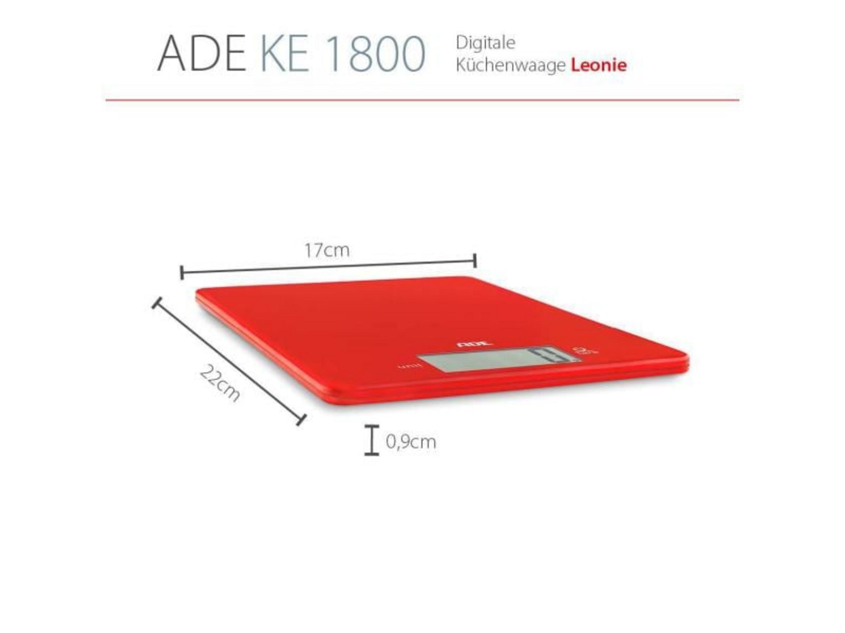 Rote digitale Küchenwaage, 22x17x0,9cm, mit LCD-Display.