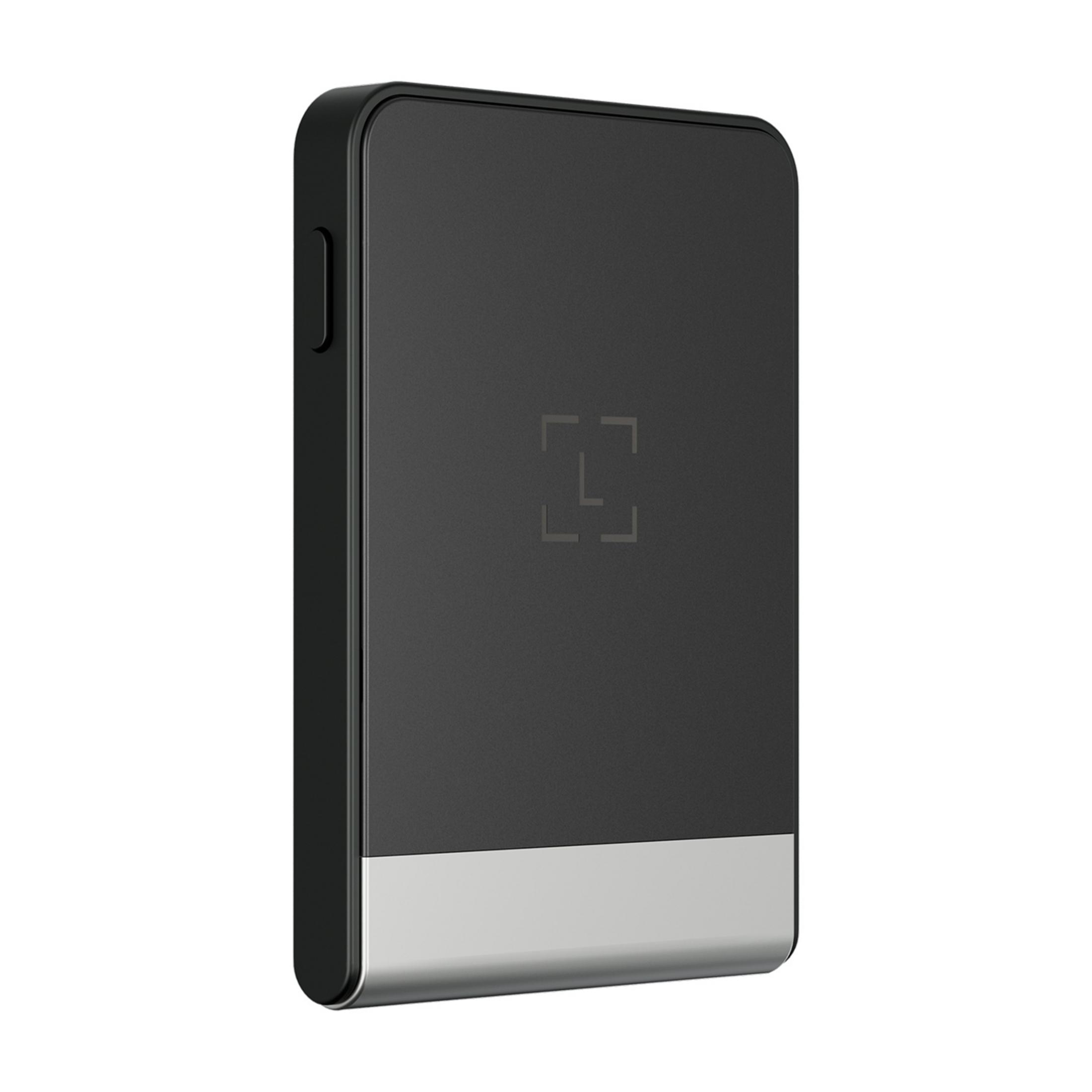 Un dispositivo rectangular negro con base plateada y un icono cuadrado en su cara.