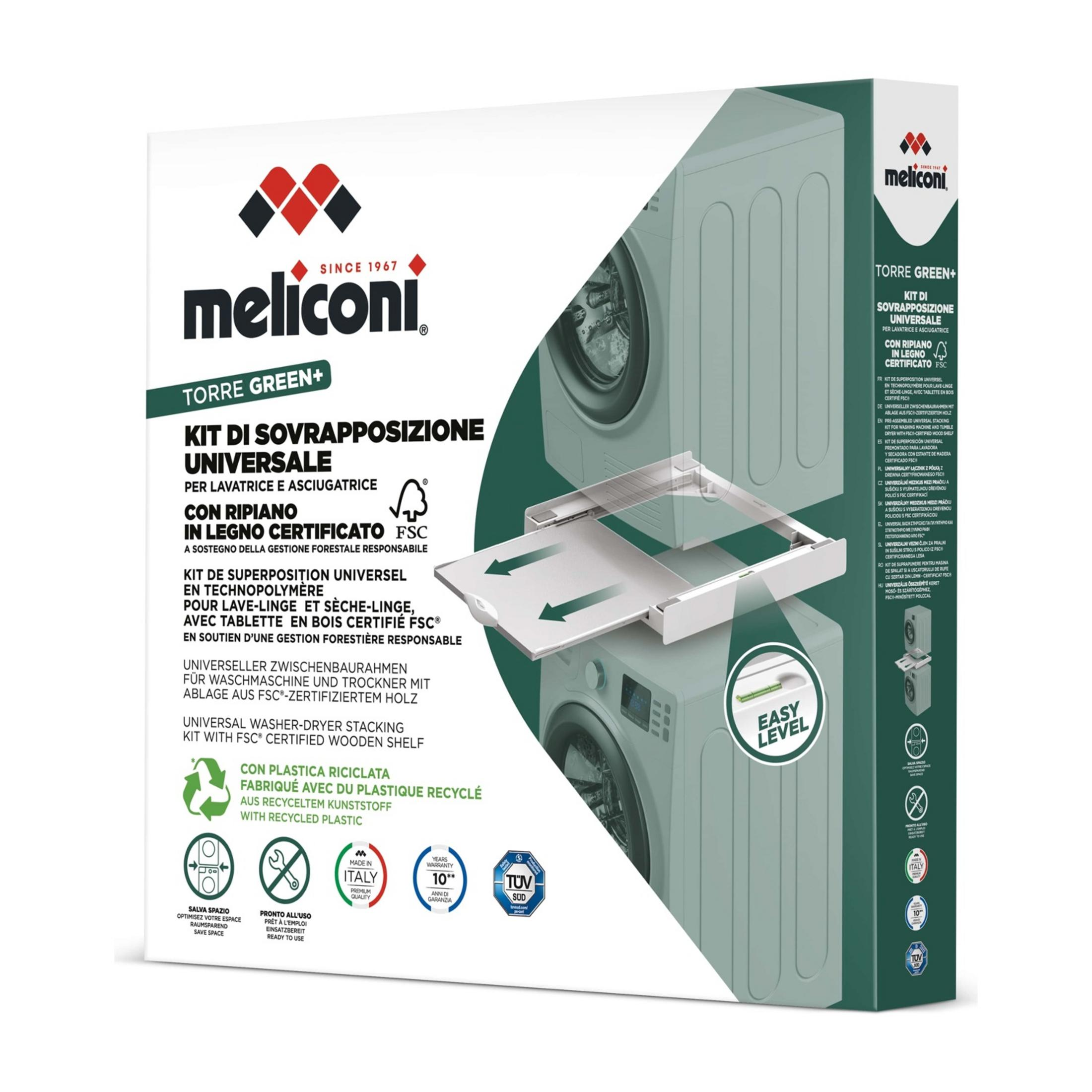 Embalaje del kit de apilamiento Meliconi Torre Green+ con estante de madera.