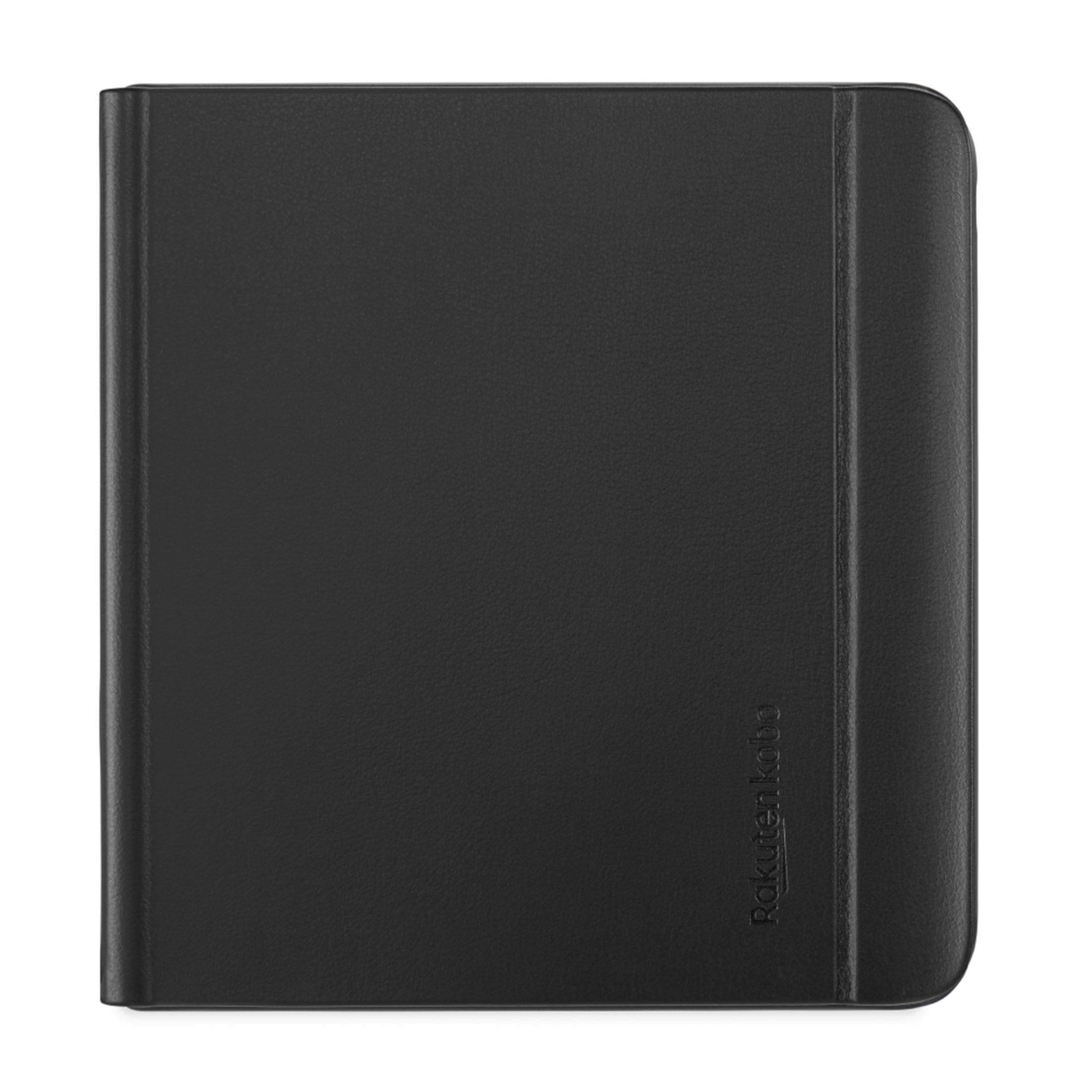 Sağ tarafta kabartmalı Rakuten Kobo logosu bulunan siyah kitap kılıfı.