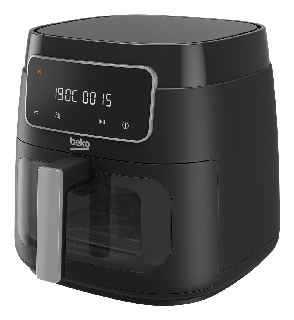 Una friggitrice ad aria Beko nera con display digitale mostra 190C 00:15.