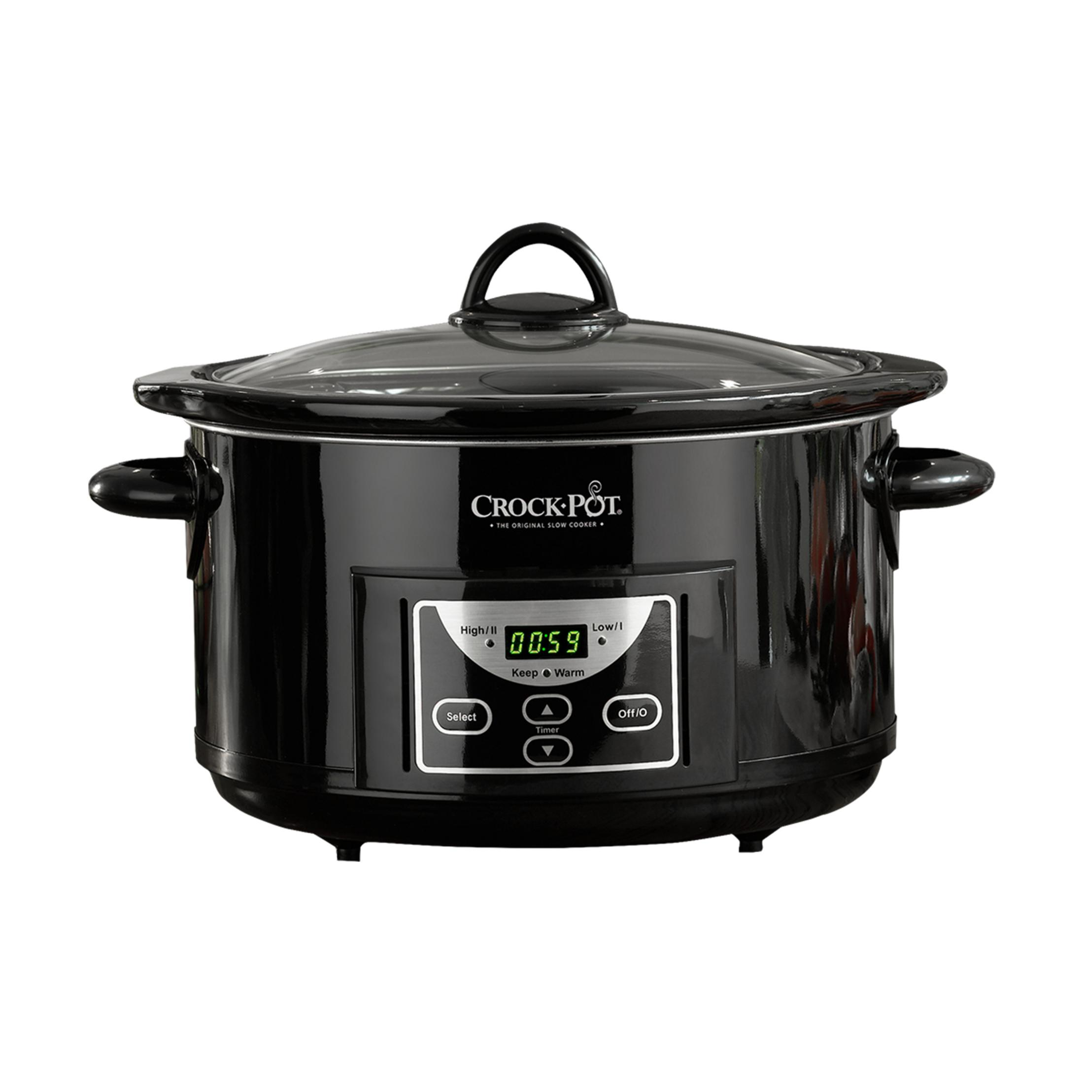 Czarny wolnowar Crock-Pot ze szklaną pokrywą i cyfrowym wyświetlaczem.