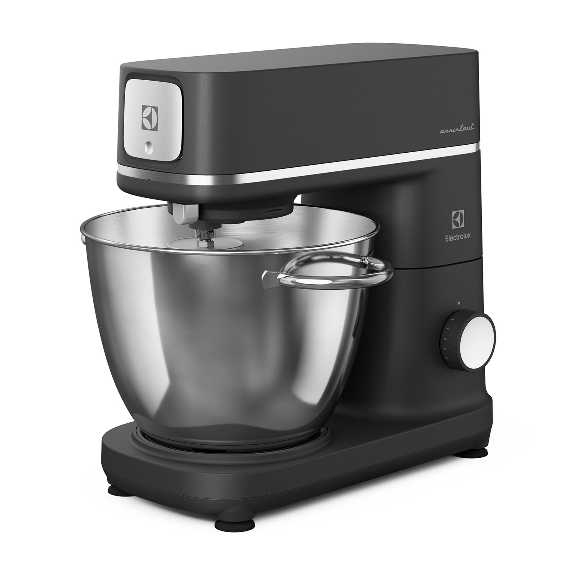 Un robot da cucina nero con ciotola in acciaio inox e dettagli argentati.