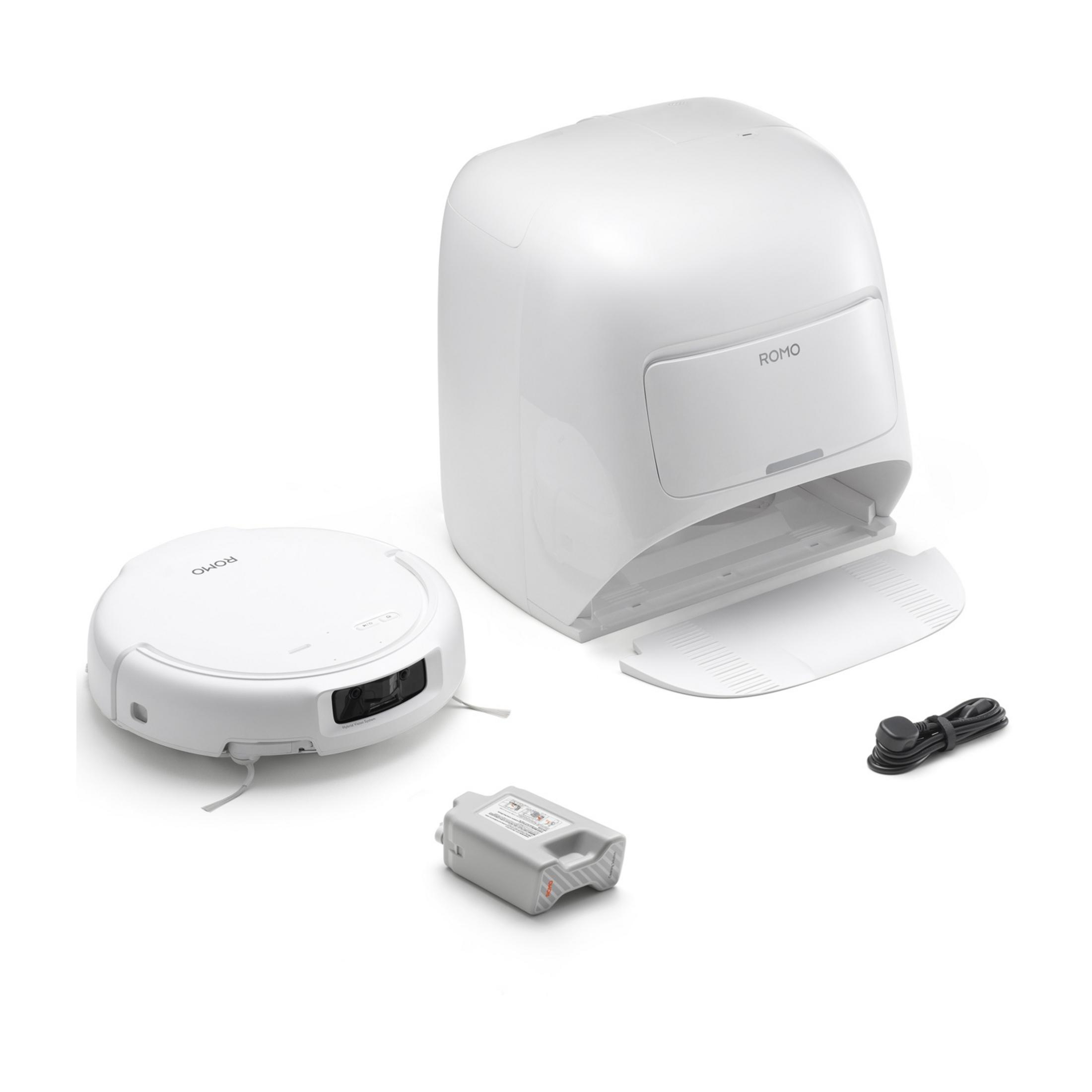 Un robot aspirador blanco, base de carga, batería y cable sobre fondo blanco.