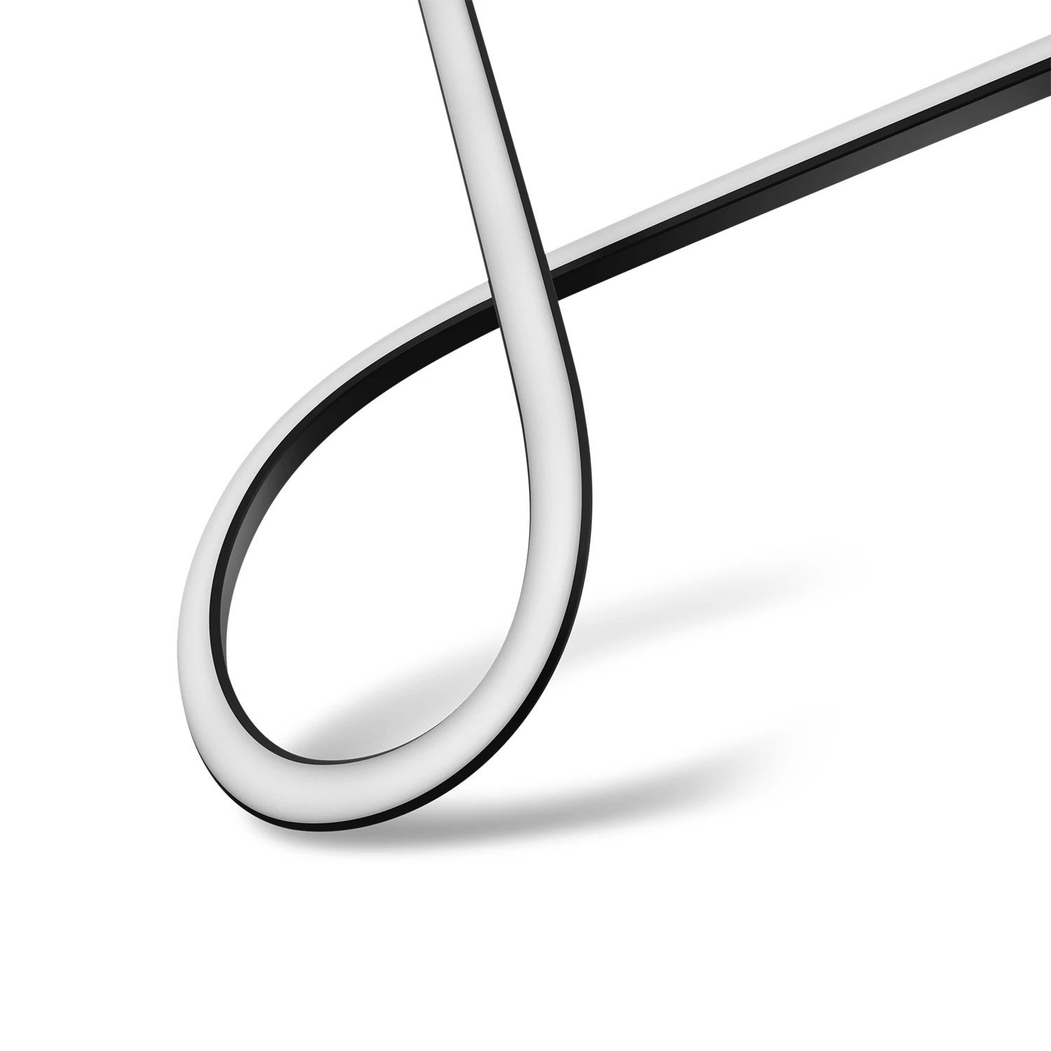 Biała taśma LED z czarną krawędzią zgina się w pętlę.