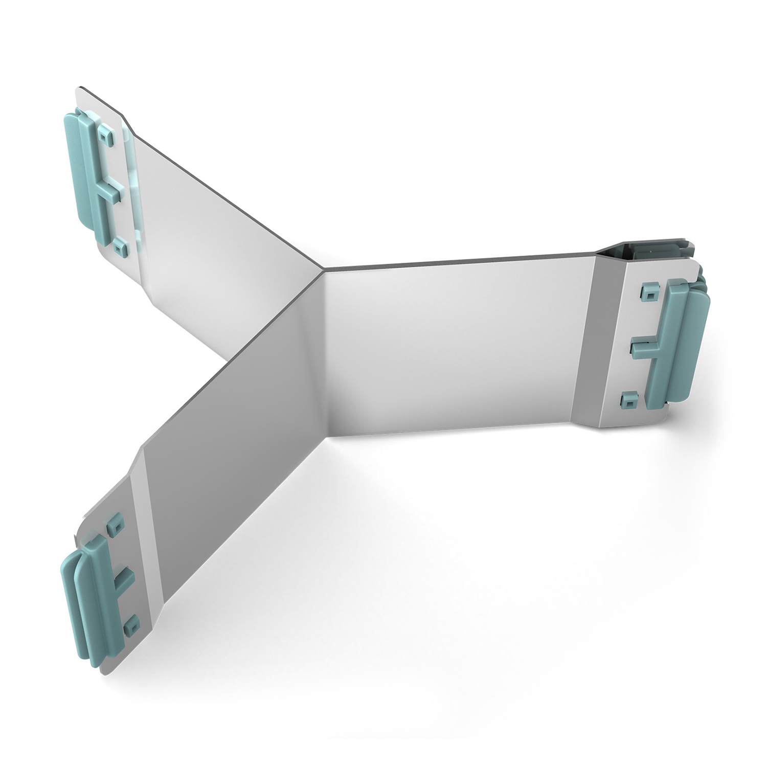 Un oggetto bianco a forma di Y con clip blu alle estremità, su sfondo bianco.