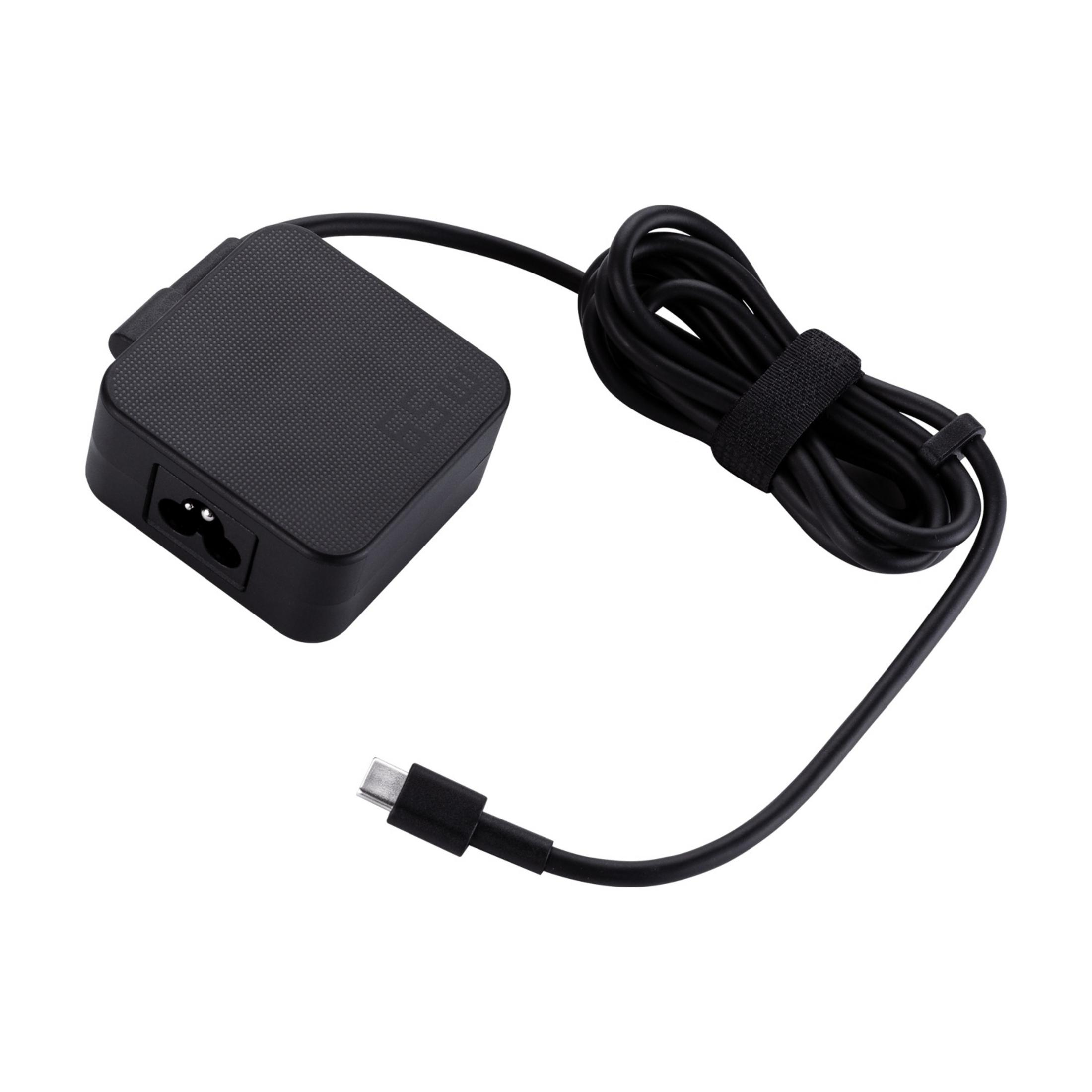 Caricatore per laptop nero con cavo USB-C, su sfondo bianco.