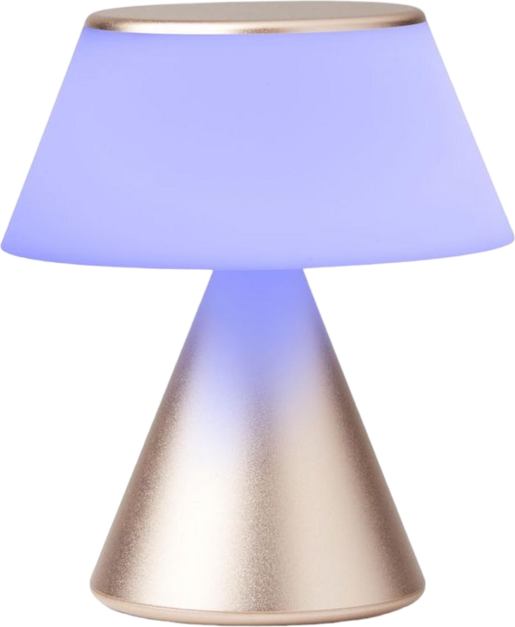 Una lampada conica stretta con bordo dorato, che emette luce blu.