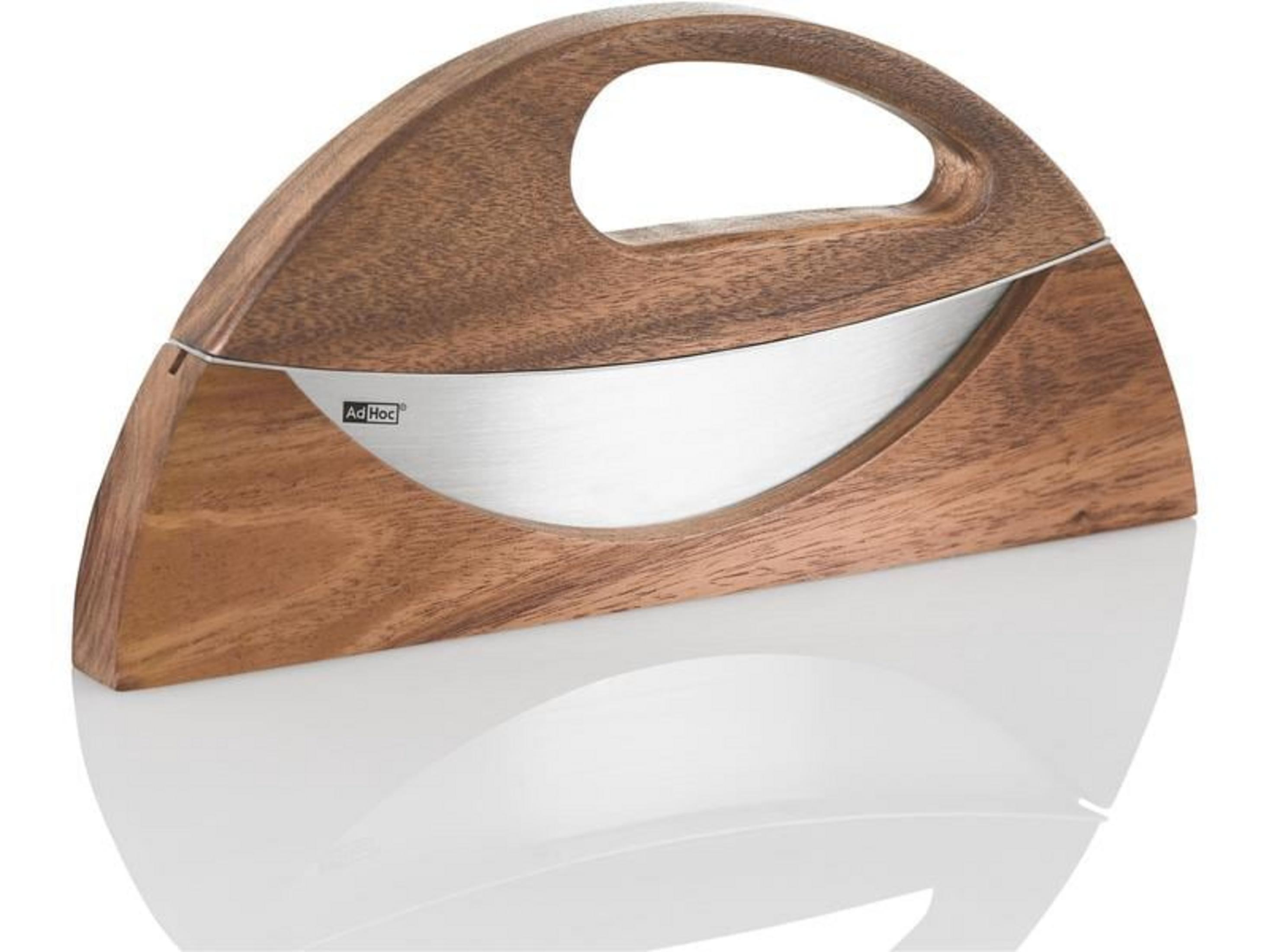 Ein Holzgriff-Käsemesser mit gebogener Edelstahlscheibe.