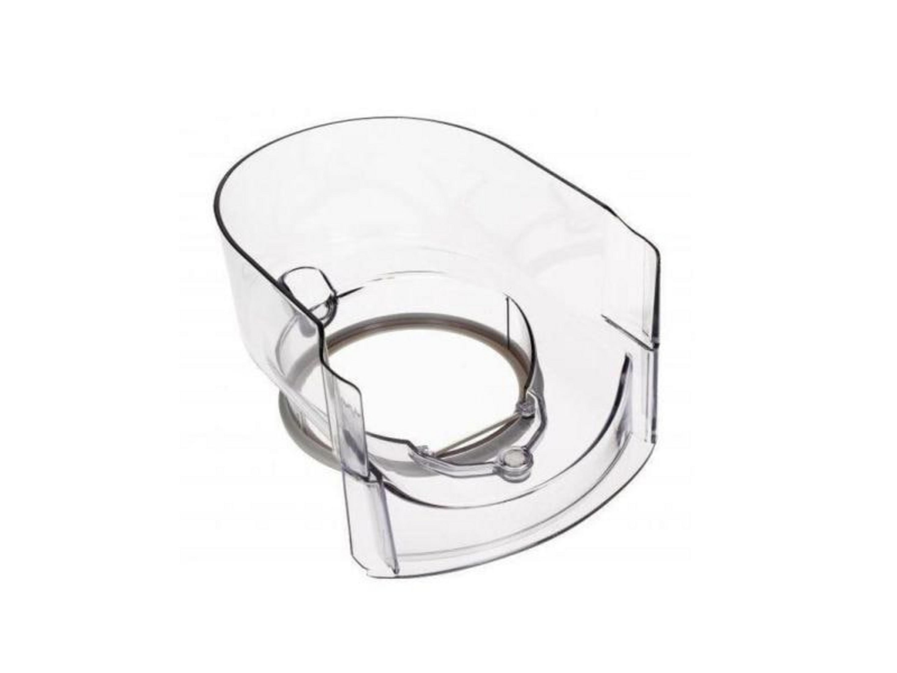 Ein transparenter Kunststoffdeckel mit einem grauen Ring und Befestigungselementen.