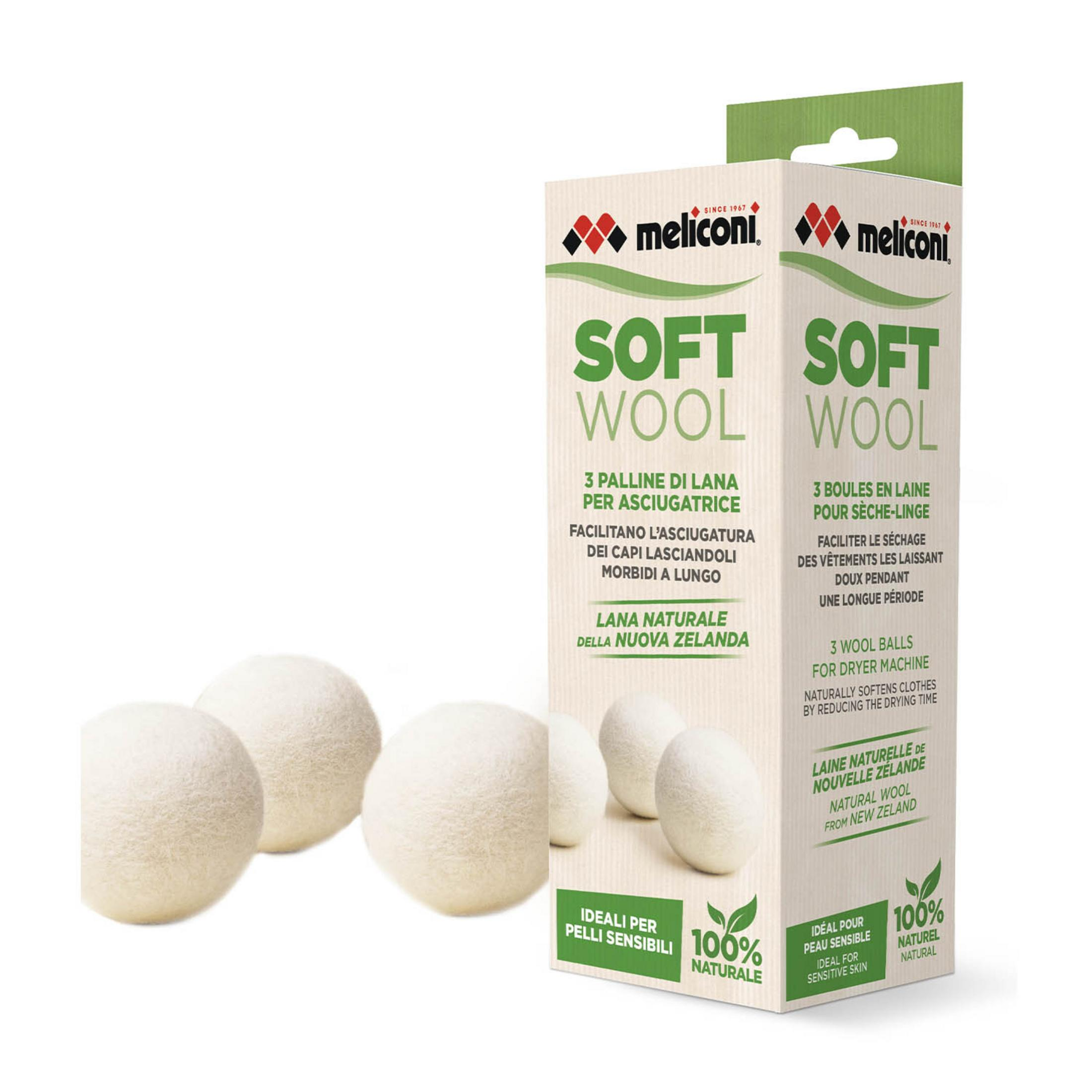 Cztery białe kule wełniane na pudełku 'Meliconi Soft Wool'.