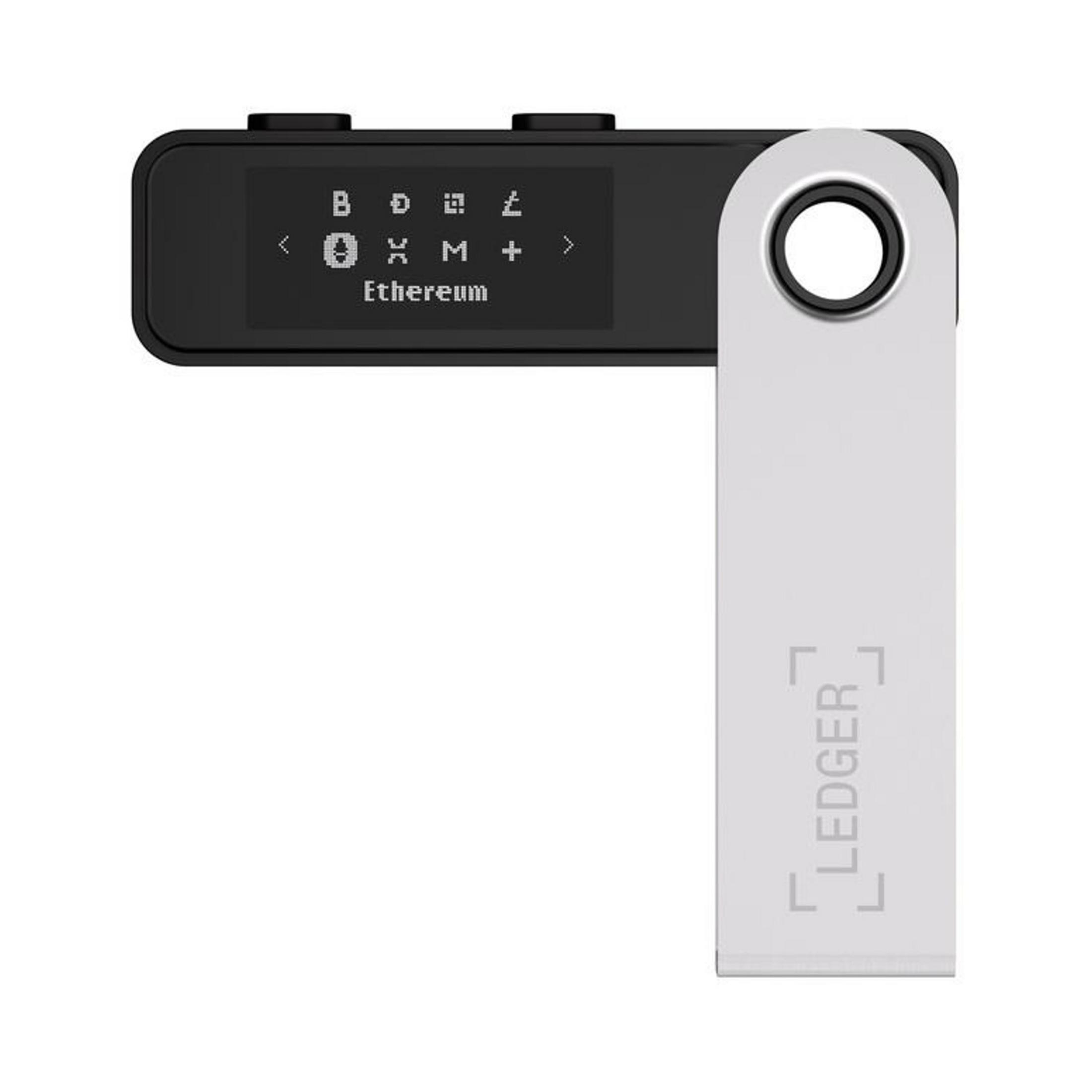 Un Ledger Nano S Plus negro con carcasa plateada.