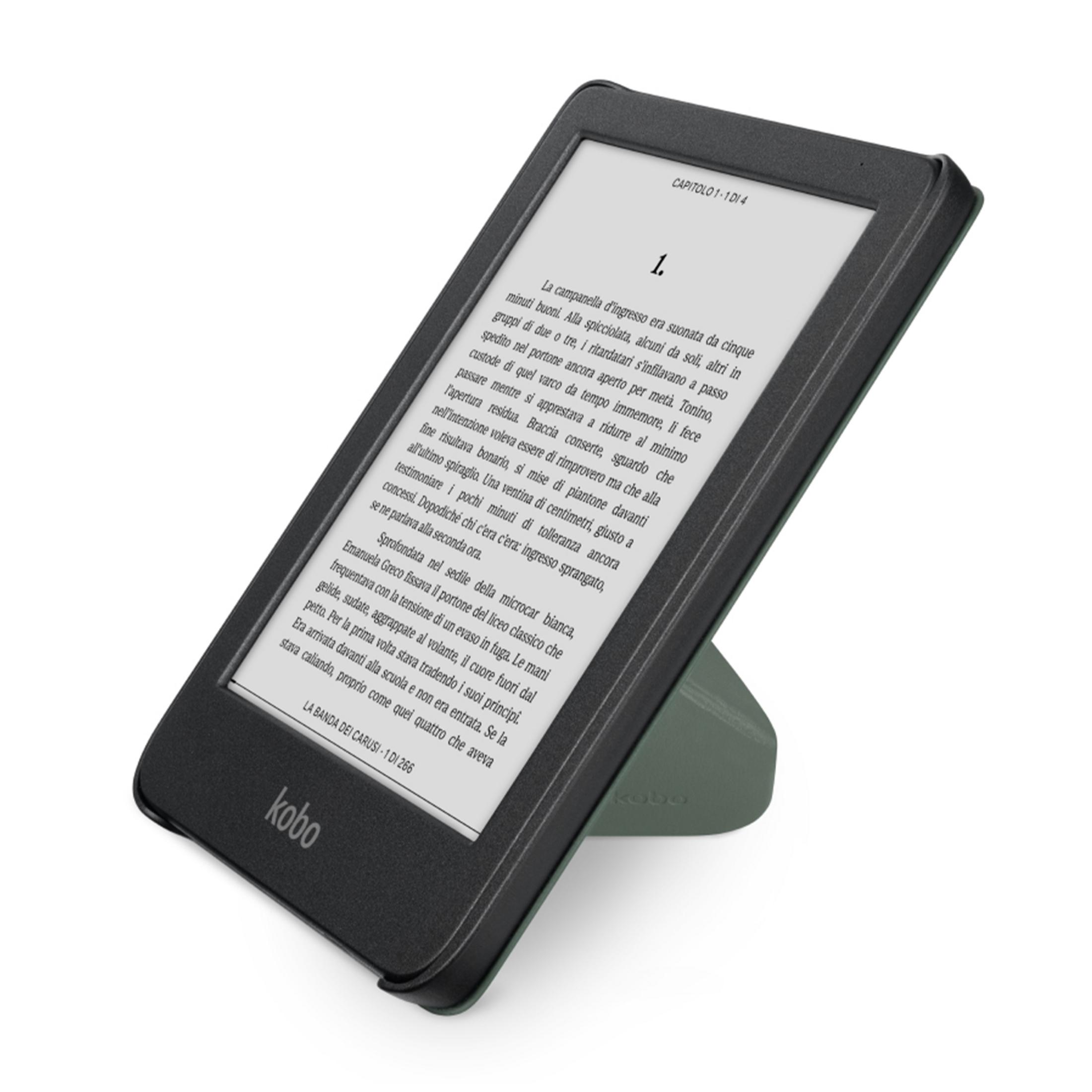 Yeşil stant üzerinde siyah bir Kobo e-okuyucu, bir kitap sayfasını gösteriyor.