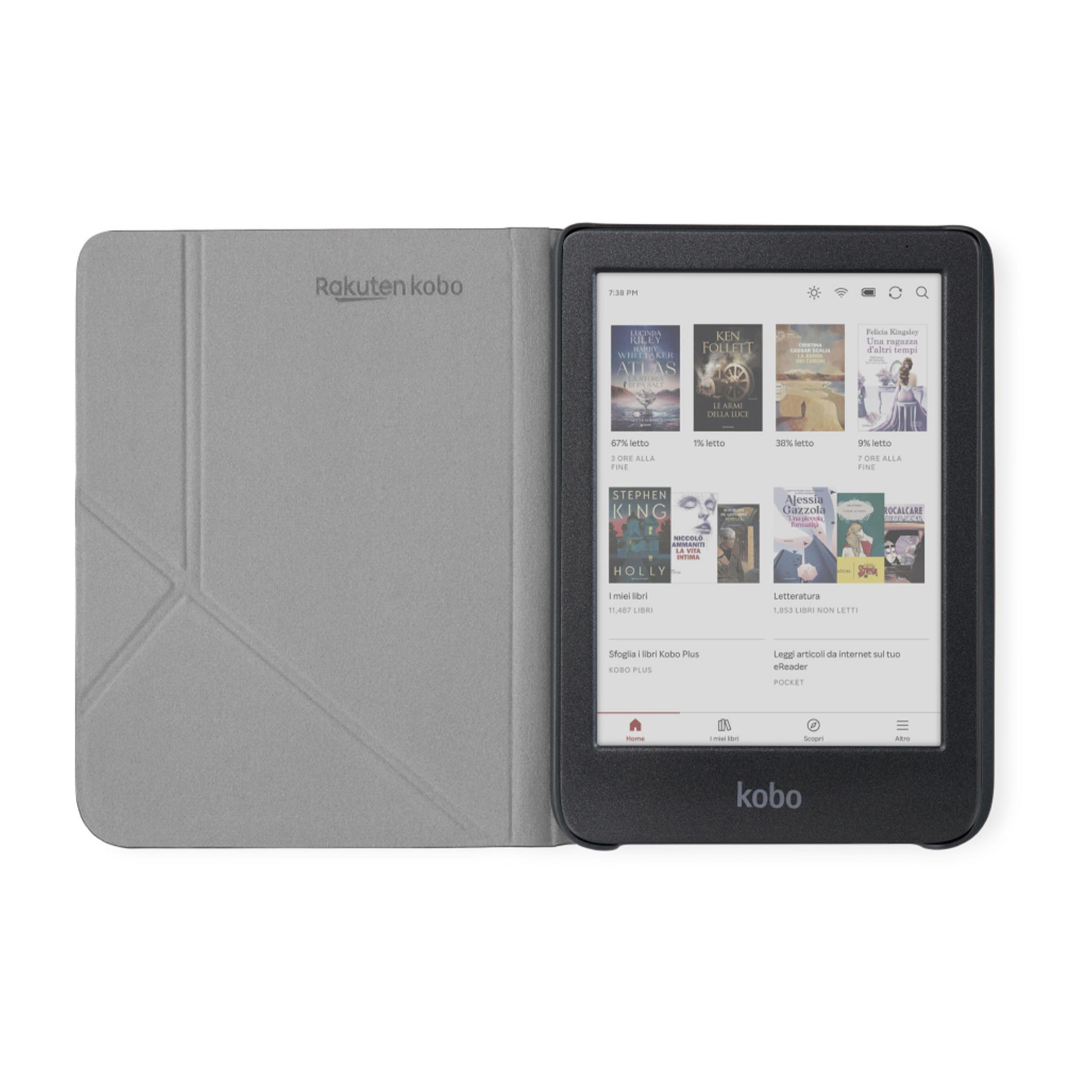 Ekranında kitap kapağı ve kitap seçimleri bulunan bir Kobo e-okuyucu.