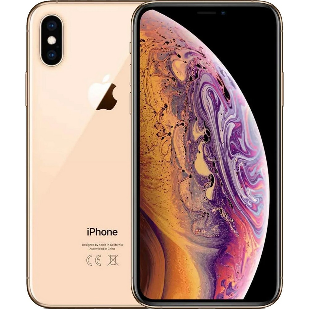 Złoty iPhone Apple z podwójnym aparatem i kolorową tapetą.