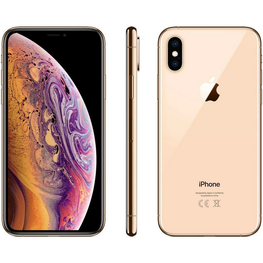 Złoty iPhone XS Max: przód, profil boczny i tył z logo Apple.