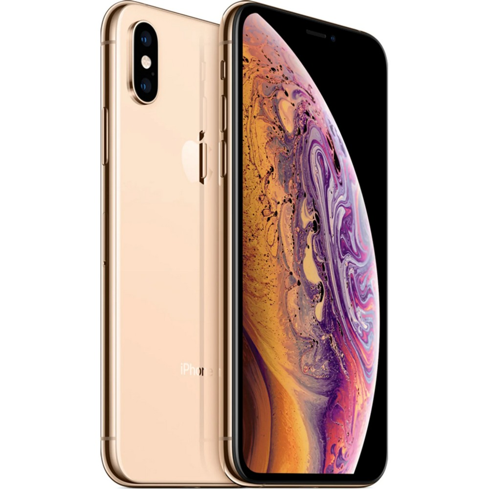 Dwa złote iPhone'y obok siebie, jeden od tyłu, drugi od przodu.