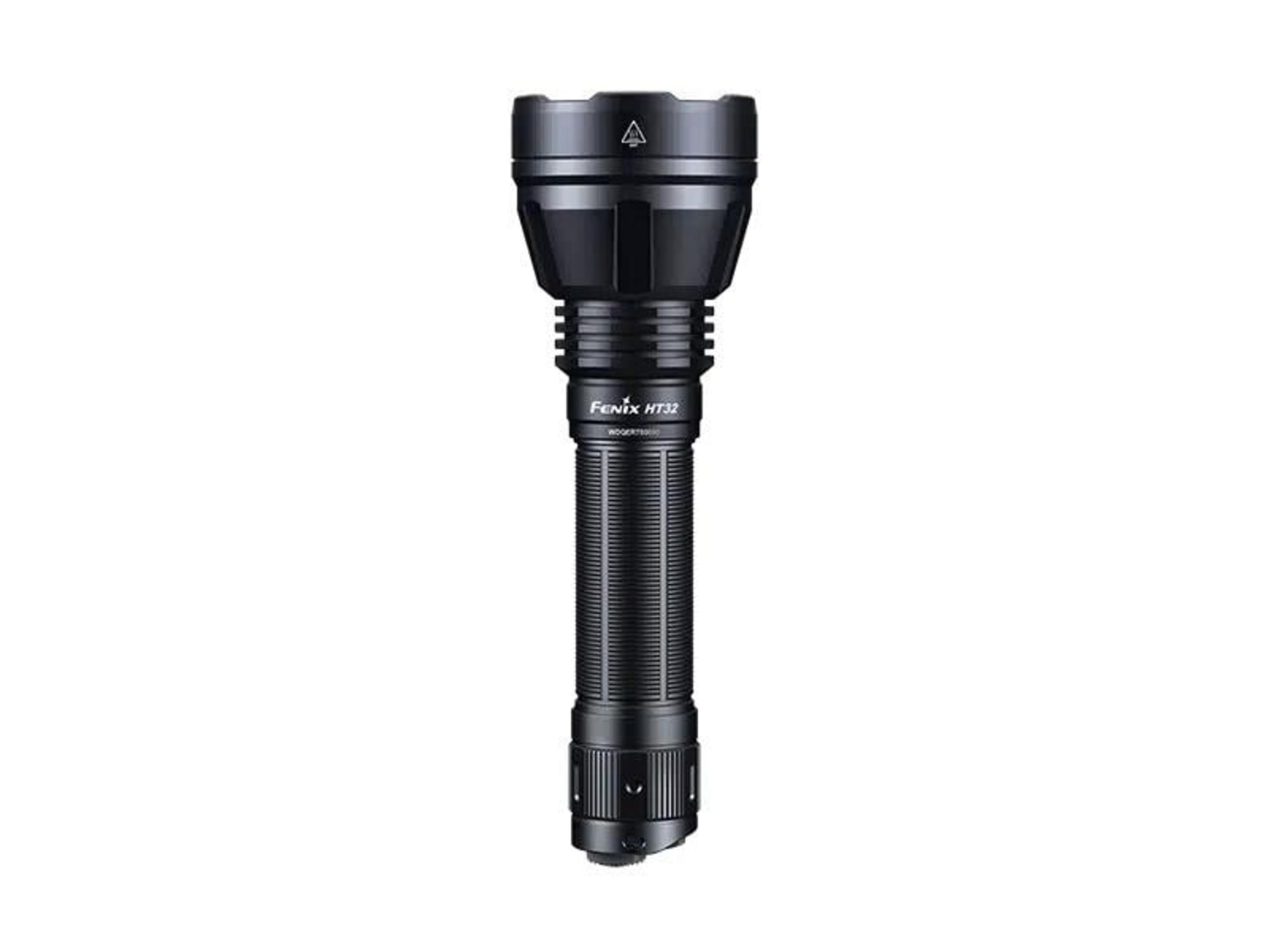 Torcia Fenix HT32 nera con impugnatura a coste e simbolo di avviso.