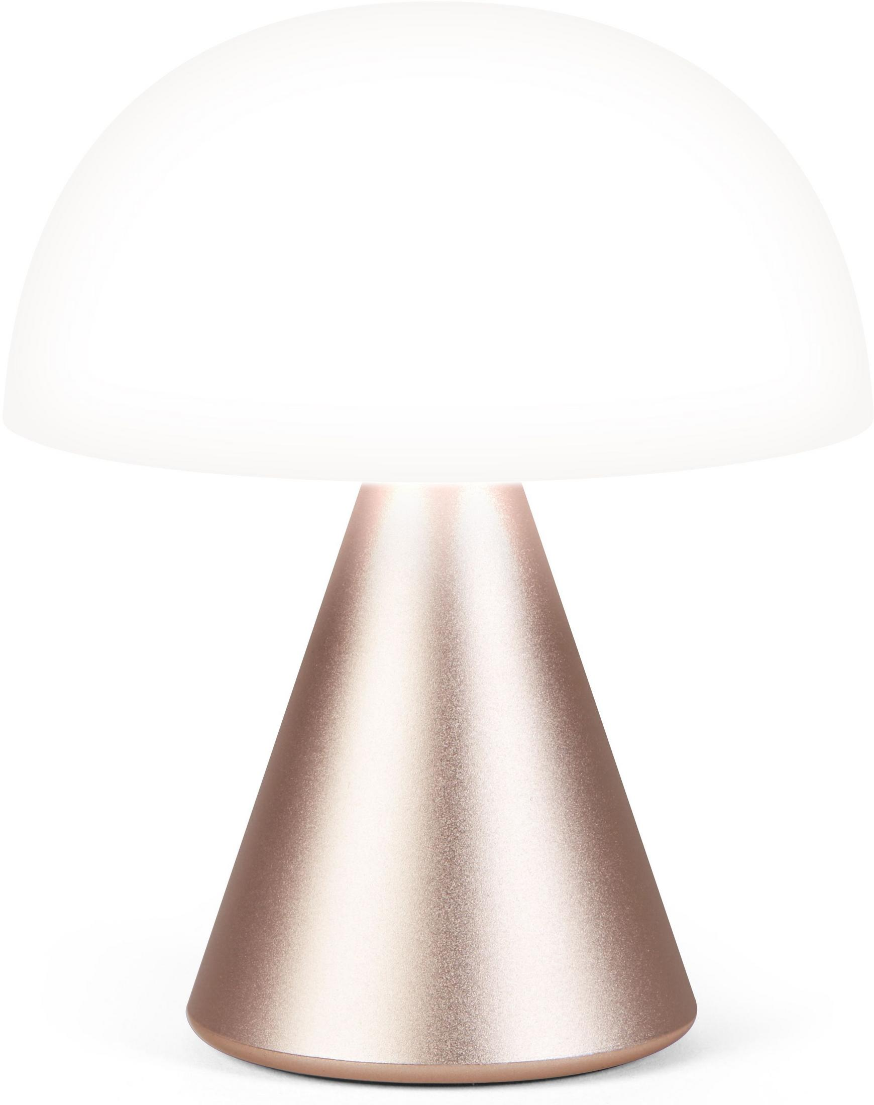Lampe moderne avec abat-jour dôme blanc et pied conique or rose.