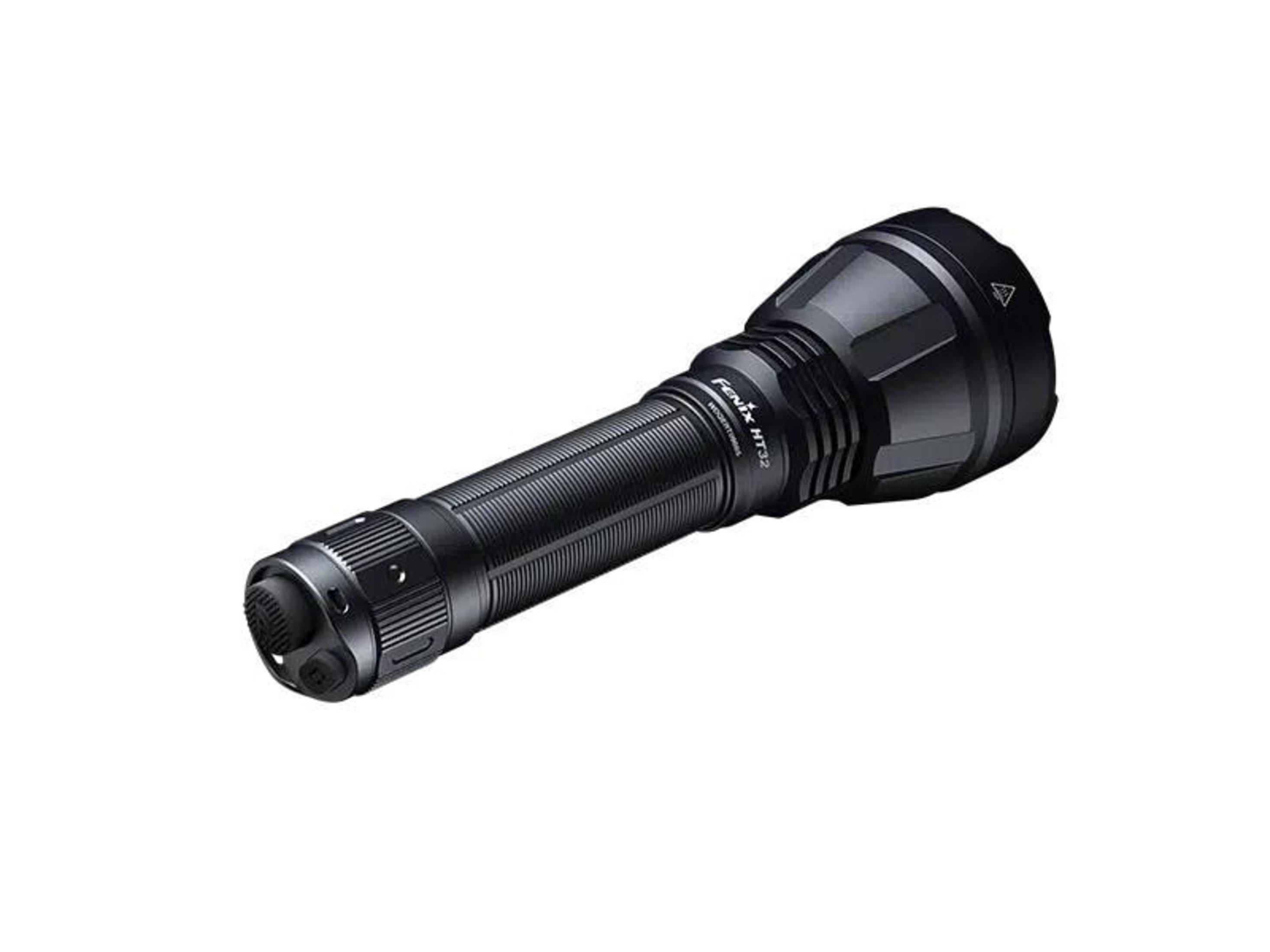 Torcia nera Fenix HT32 con impugnatura zigrinata e interruttori all'estremità.