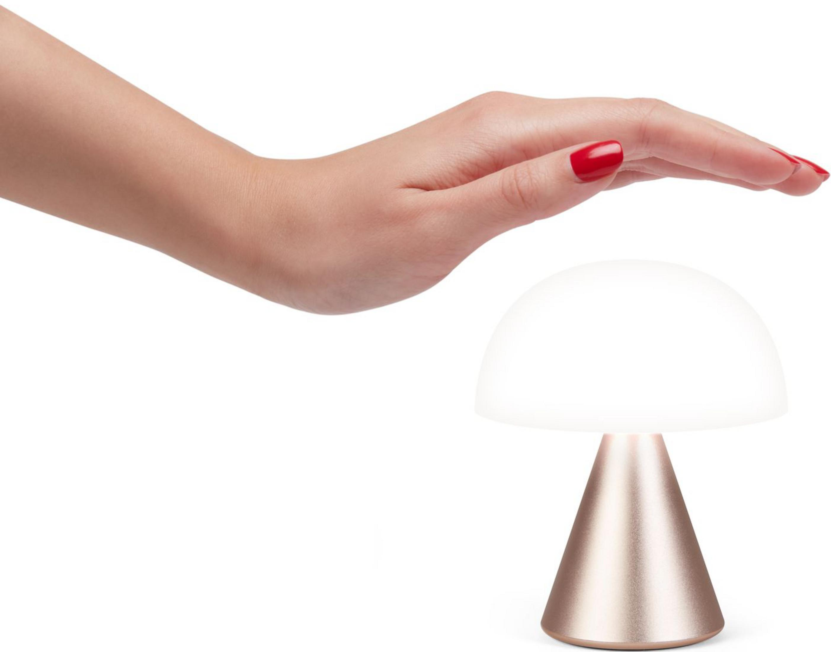 Une main aux ongles rouges flotte au-dessus d'une petite lampe champignon.