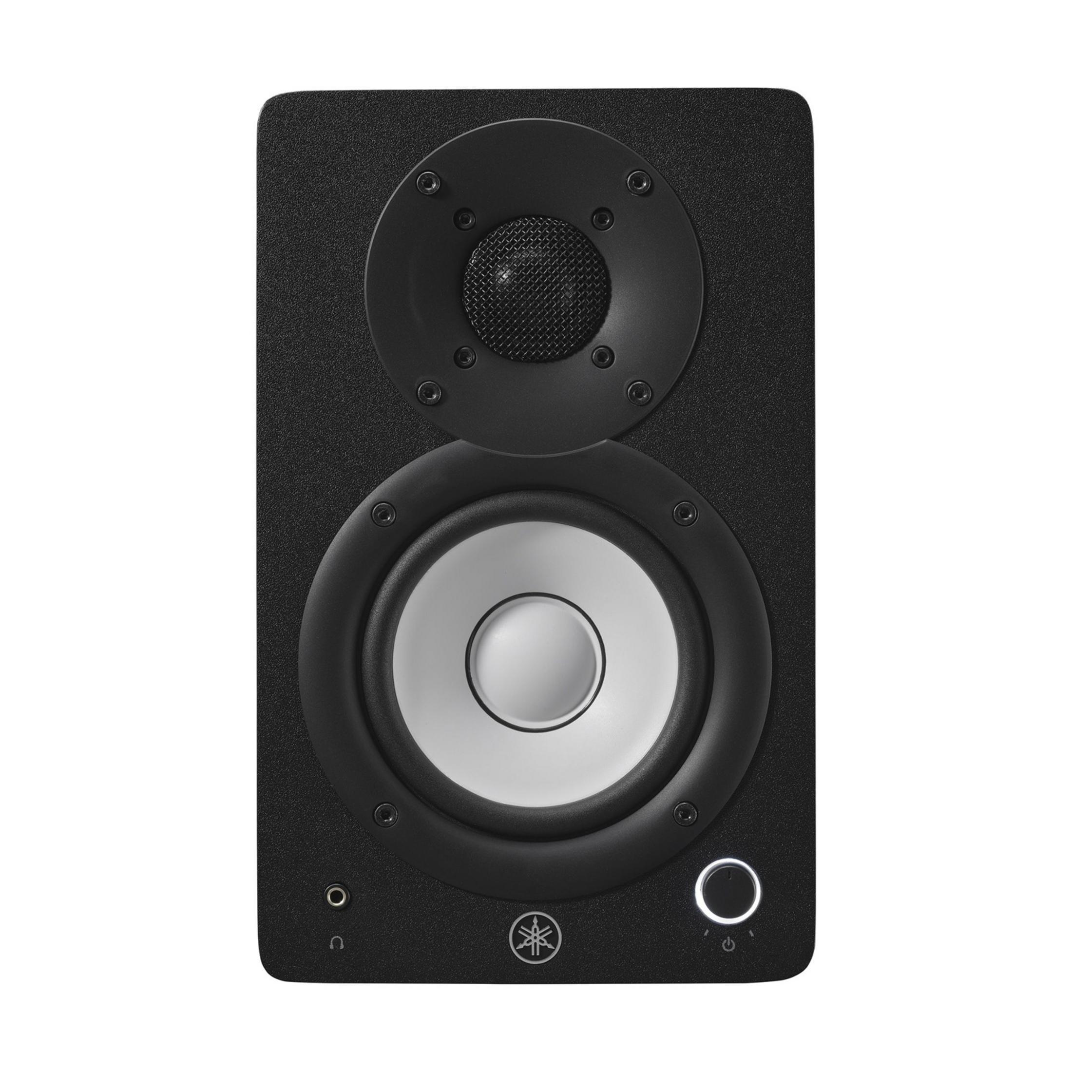 Altoparlante nero con woofer argento e tweeter nero. Vista frontale.