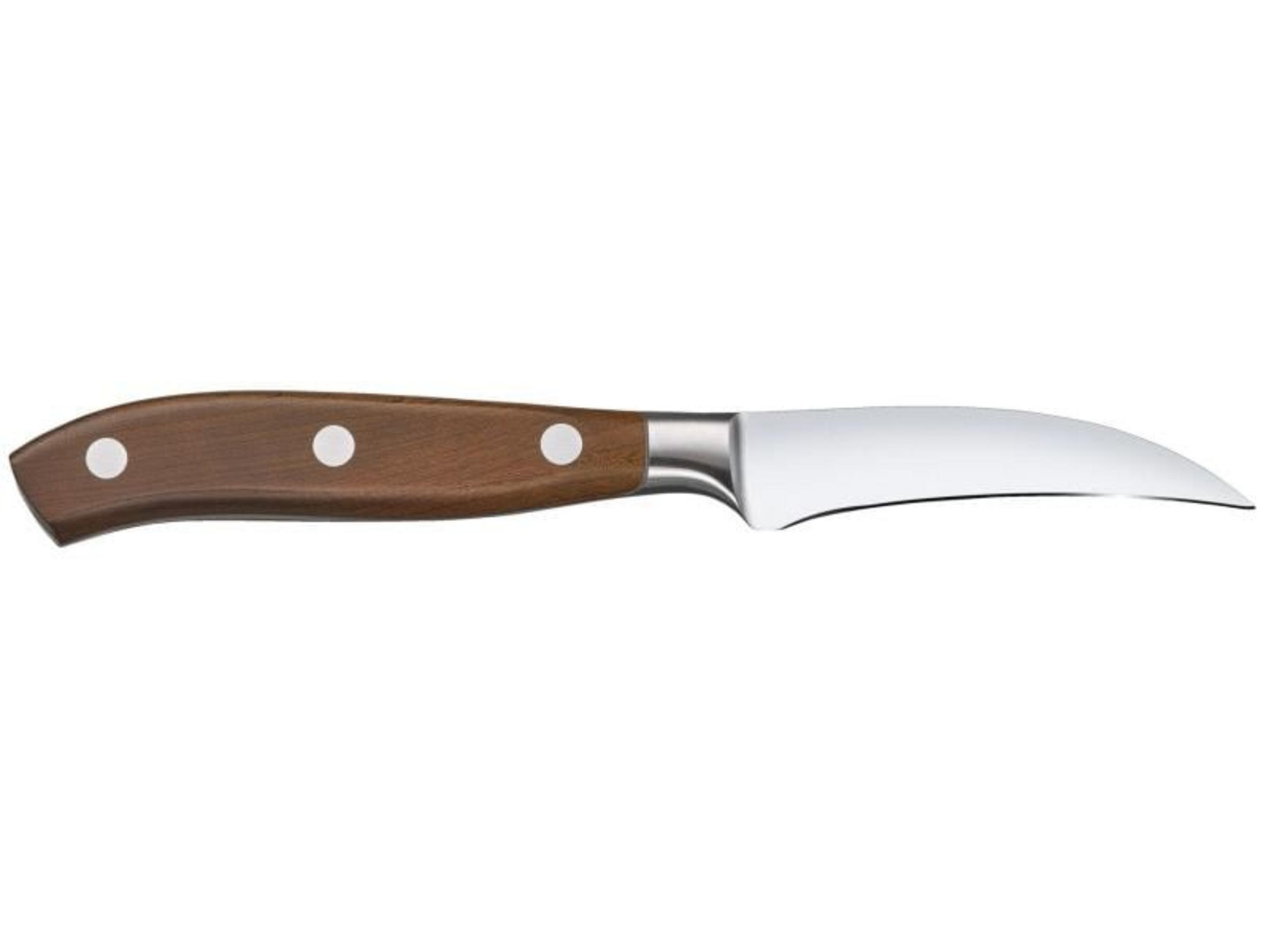 Ein scharfes Küchenmesser mit einem
holzigen Griff und drei Nieten.