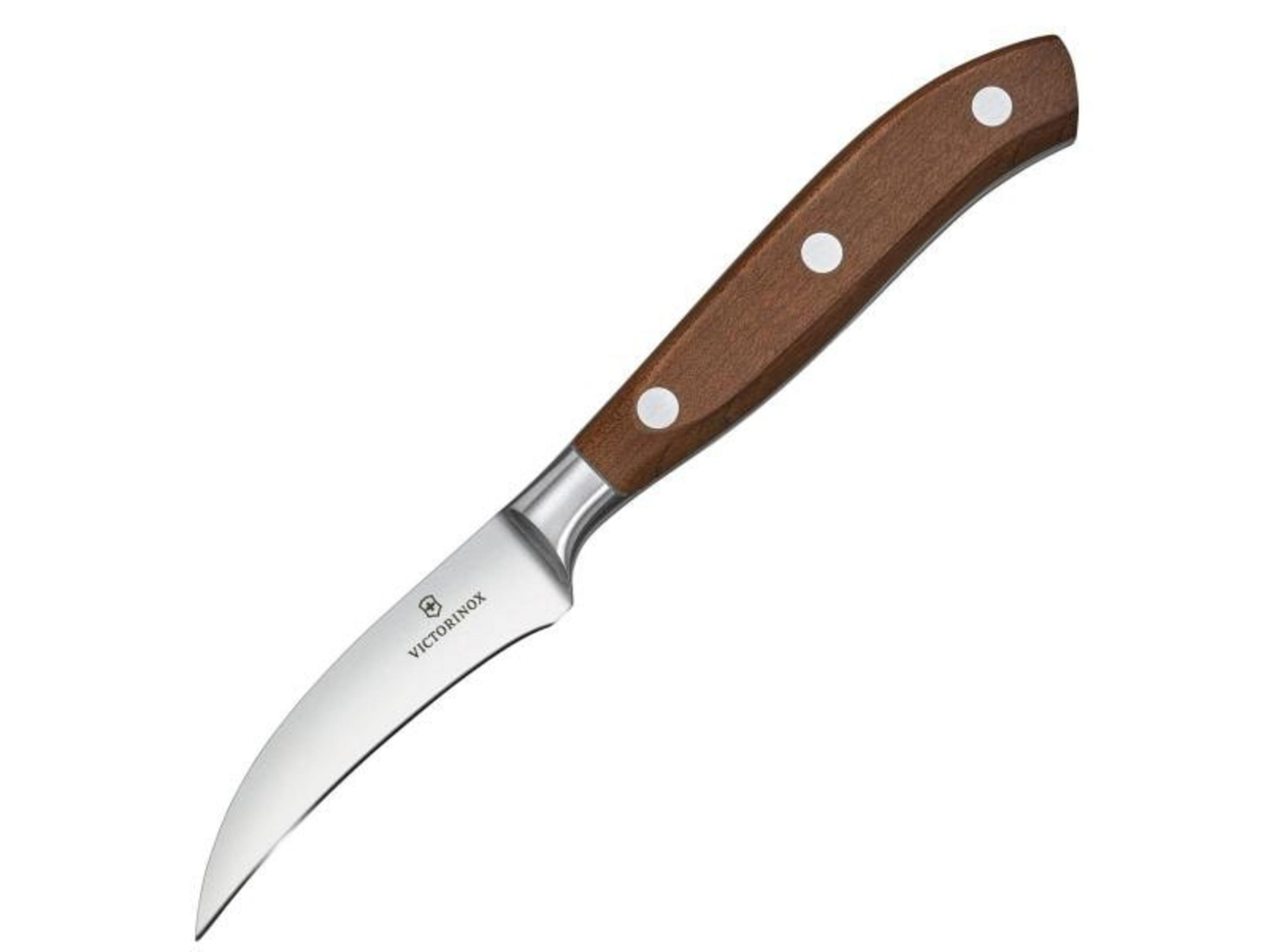 Ein gebogenes Kochmesser mit braunem Holzgriff und drei Nieten.