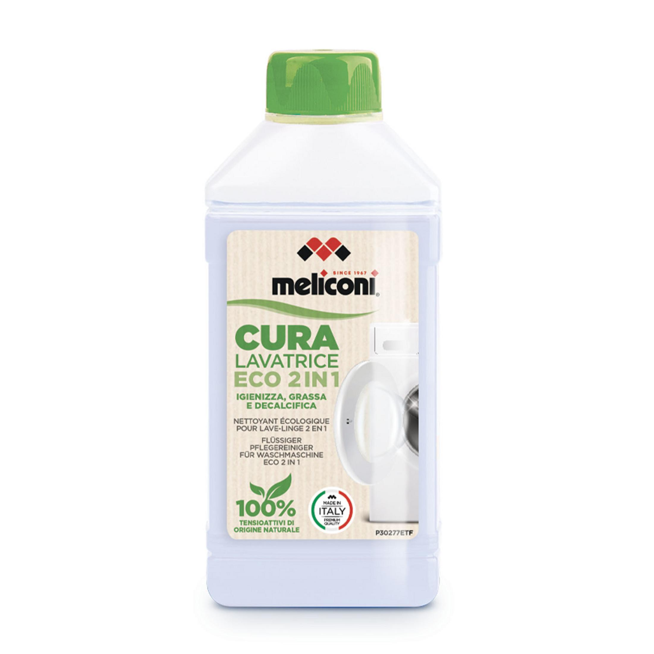 Una botella de limpiador de lavadora Meliconi con tapa verde. Tensioactivos 100% naturales.