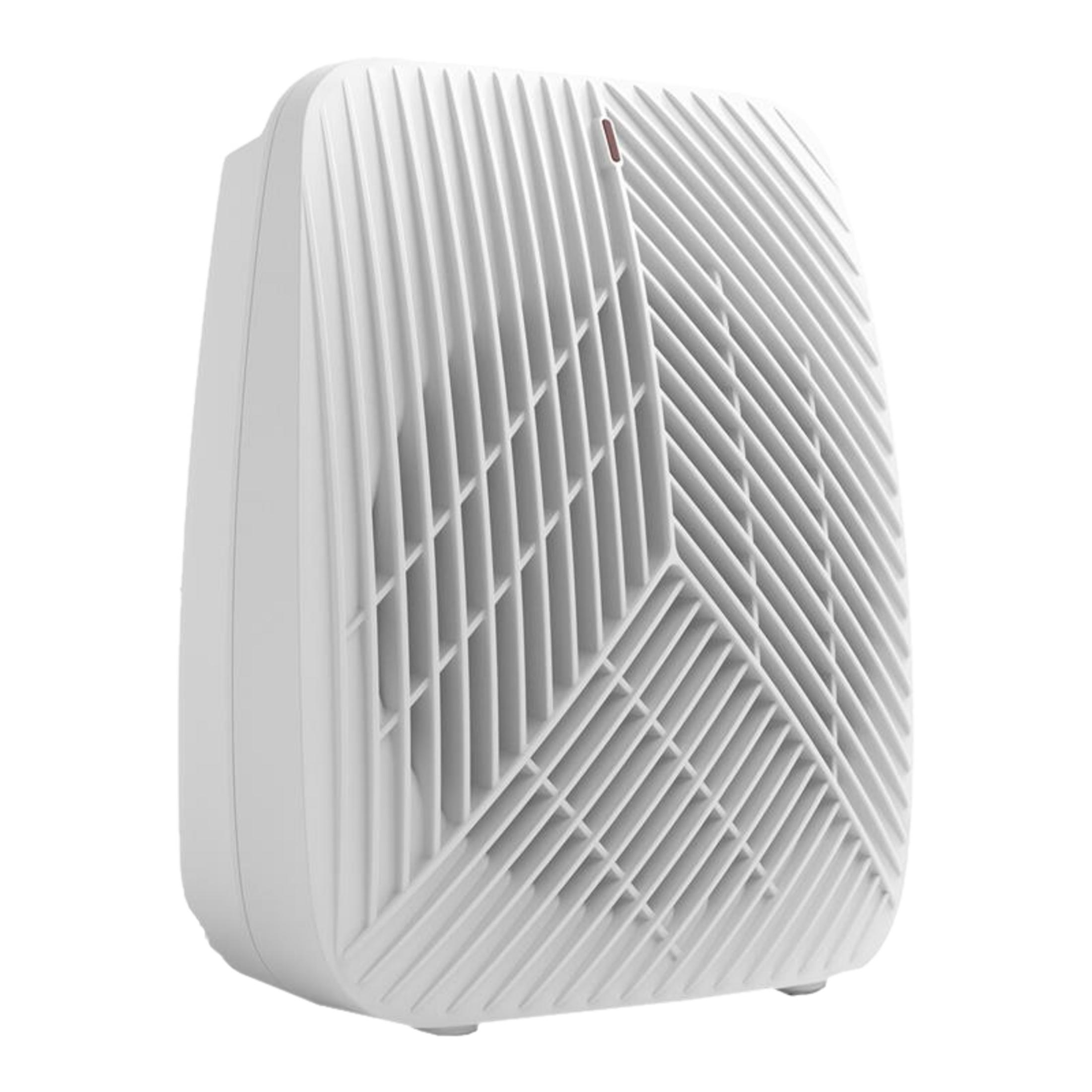 Biały oczyszczacz powietrza z otworami wentylacyjnymi i małą czerwoną diodą LED.
