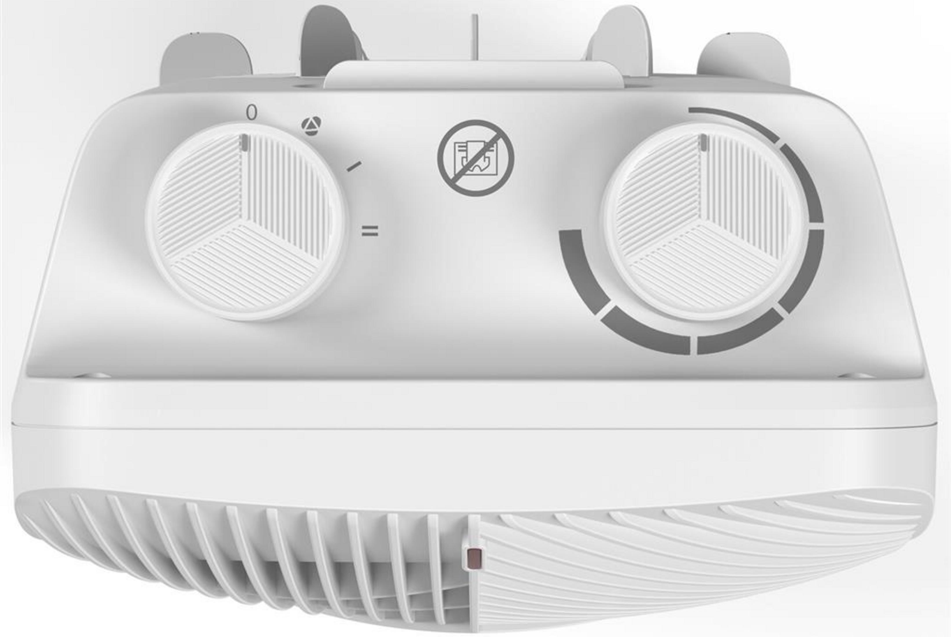 Biały grzejnik wentylatorowy z dwoma pokrętłami i symbolami temperatury i bezpieczeństwa.
