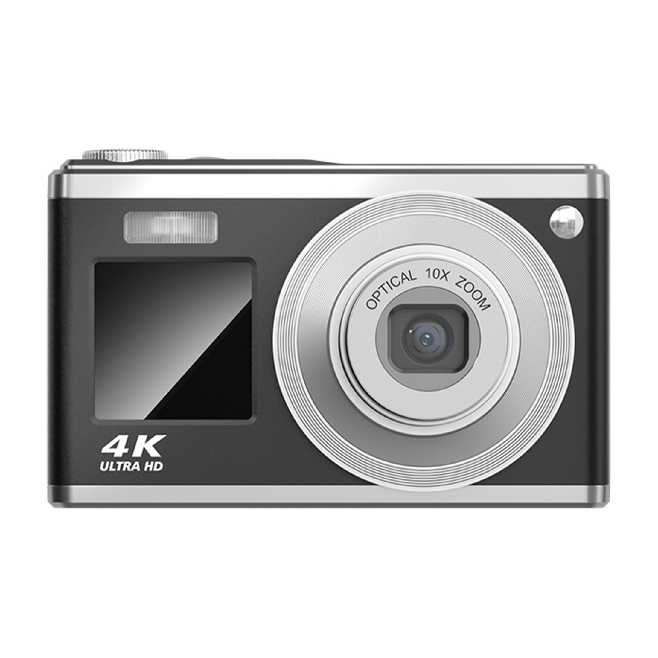 Czarny aparat cyfrowy z srebrnymi akcentami i 10-krotnym zoomem optycznym.