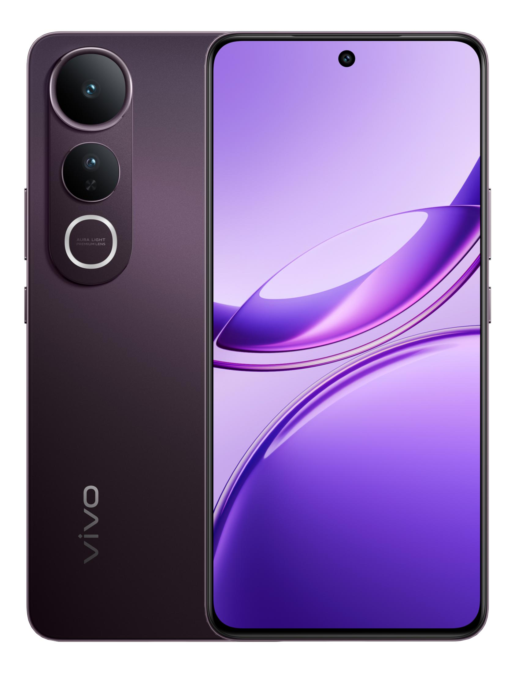 Ein dunkles violettes Smartphone mit drei Kameras auf der Rückseite.