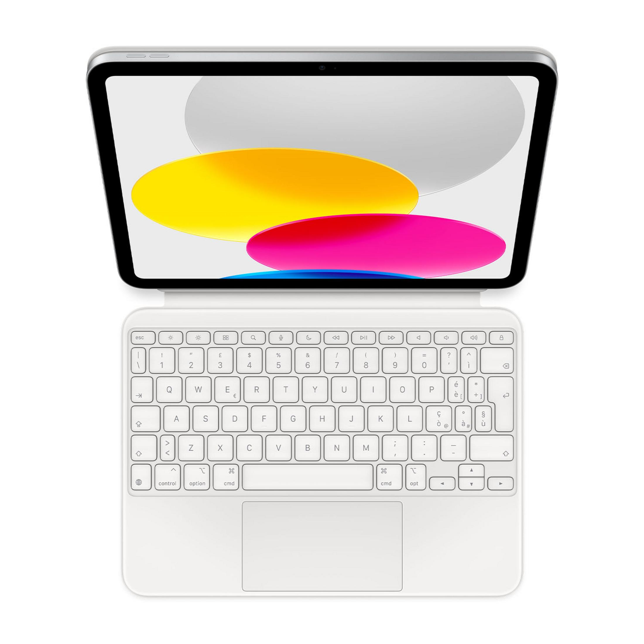 Un tablet bianco con tastiera e uno sfondo colorato.