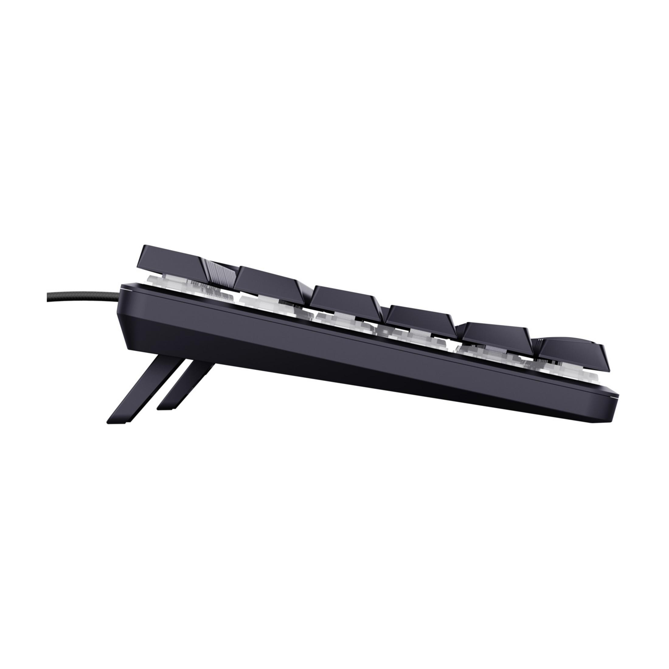 Schwarze Tastatur mit Kabel, seitlich auf Ständern.