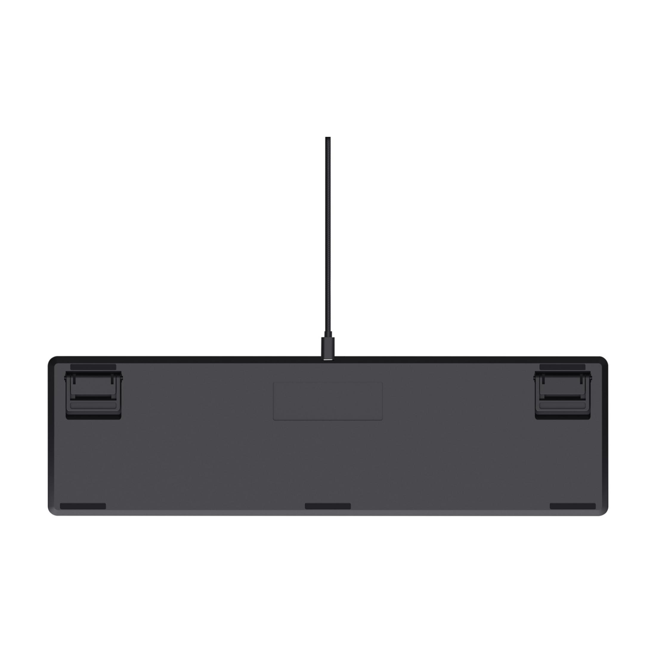 Dunkelgraue Tastatur von unten mit USB-Kabel und verstellbaren Füßen.