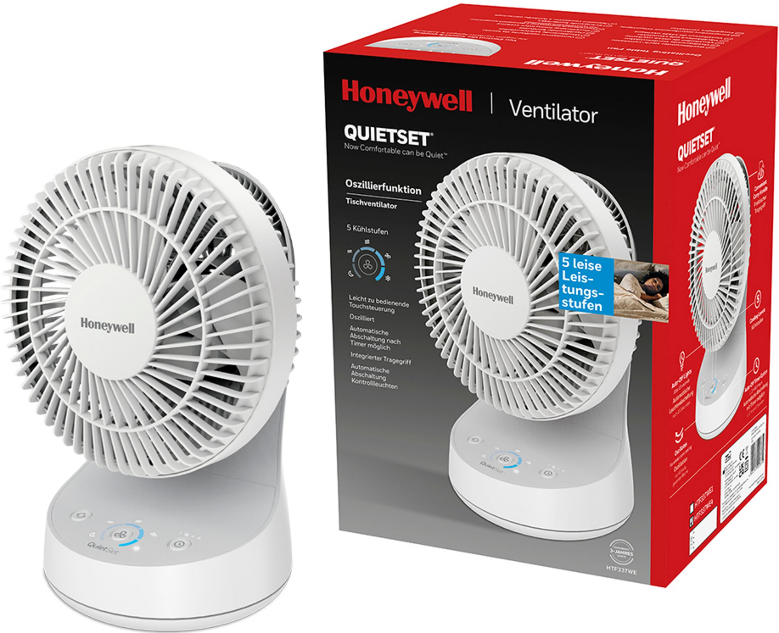 Ein weißer Honeywell Tischventilator mit Fernbedienung steht neben seiner Verpackung.