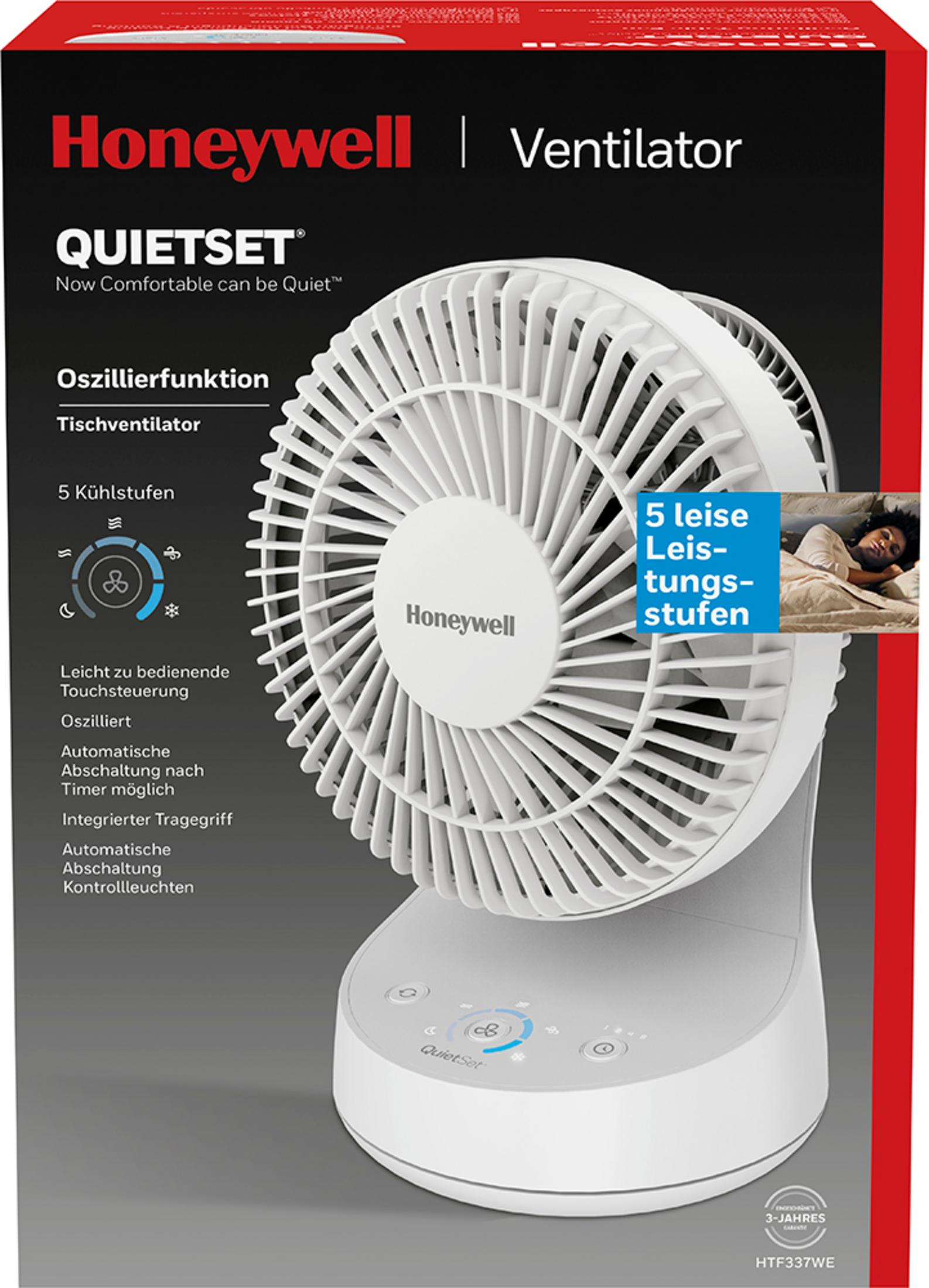 Ein weißer Honeywell Tischventilator mit QuietSet-Technologie wird gezeigt.