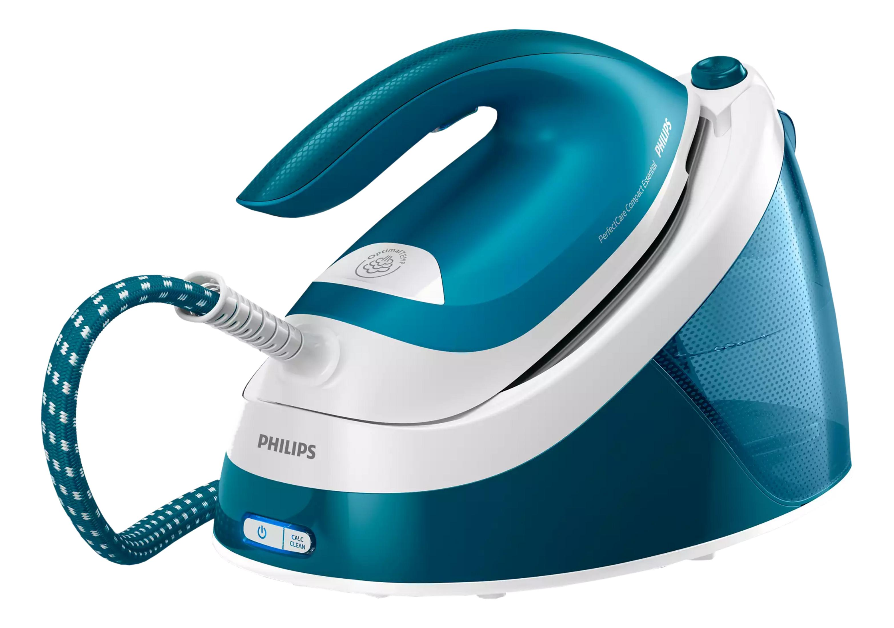 Un fer à vapeur Philips bleu avec manche et semelle blancs.